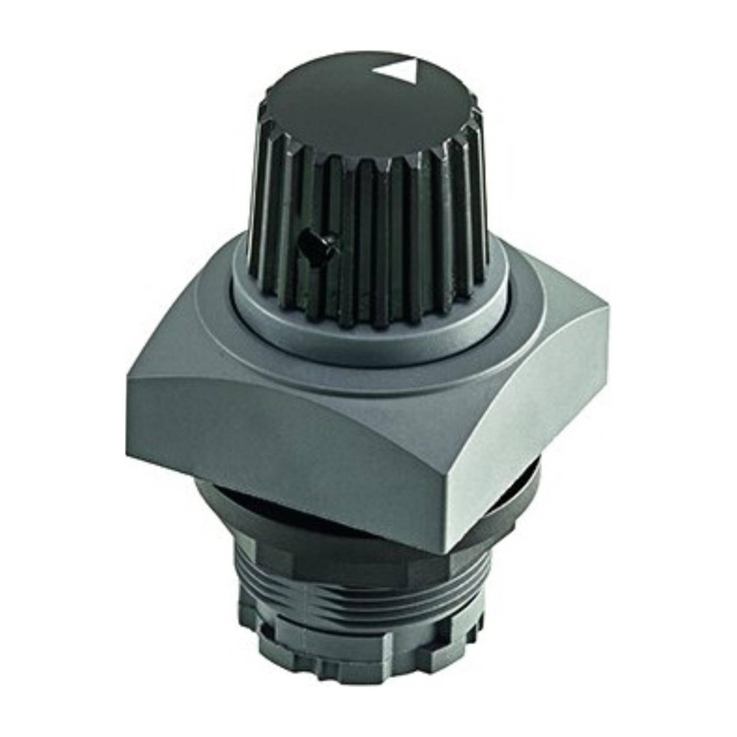 Ein schwarzer und grauer industrieller Kontrollknopf mit strukturiertem Griff und Pfeilindikator.