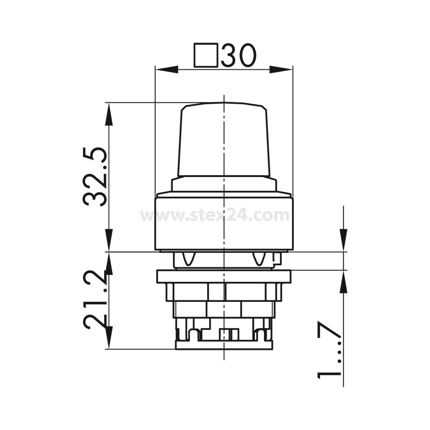 Technische Zeichnung eines Druckknopfschalters mit Abmessungen: 30 mm Breite, 32,5 mm Höhe, 21,2 mm Basishöhe und 1,7 mm Tiefe.