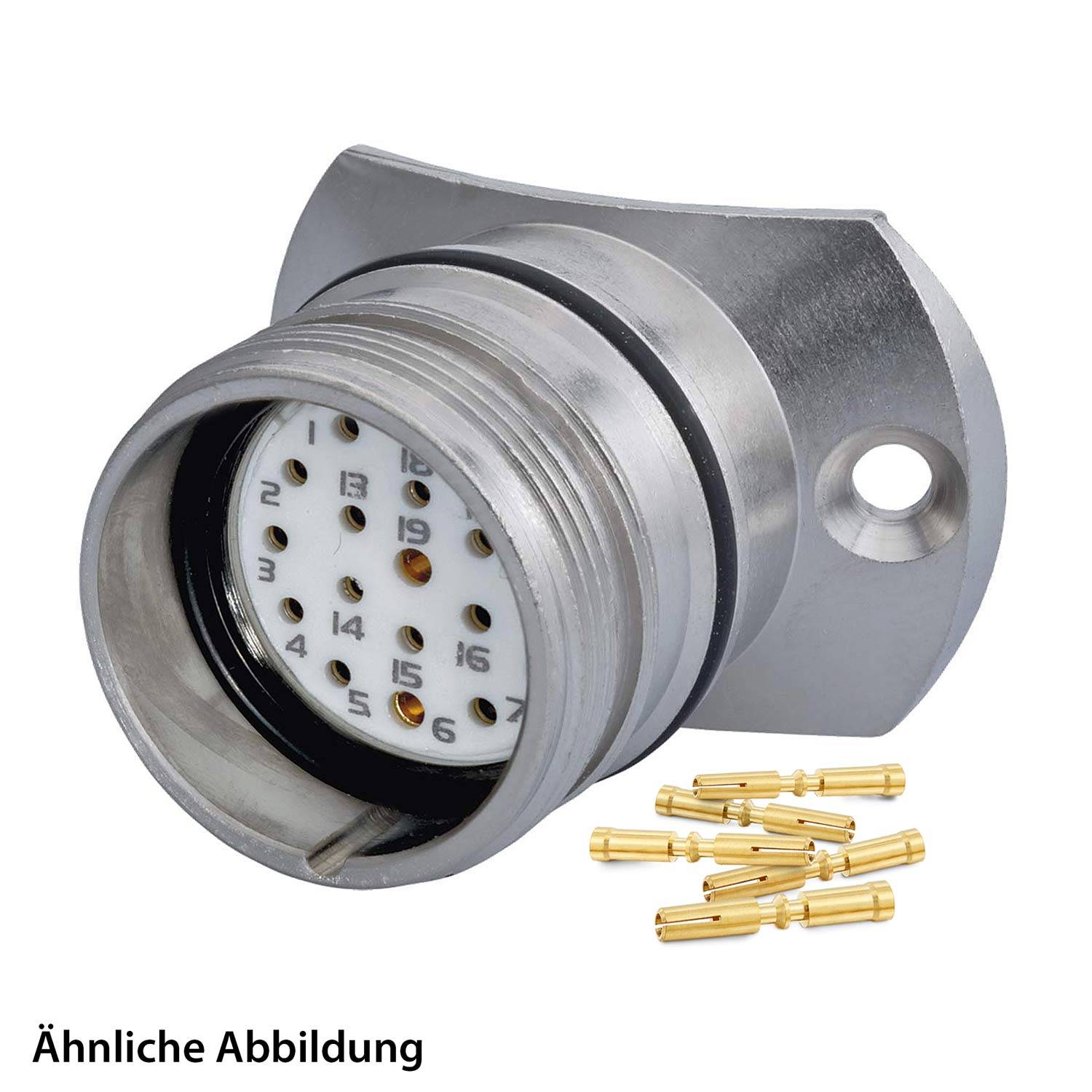 Ein Metallindustrieverbinder mit kreisförmiger Anordnung von Pins, silberfarben, neben mehreren Goldkontakten. Text lautet 'Ähnliche Abbildung'.