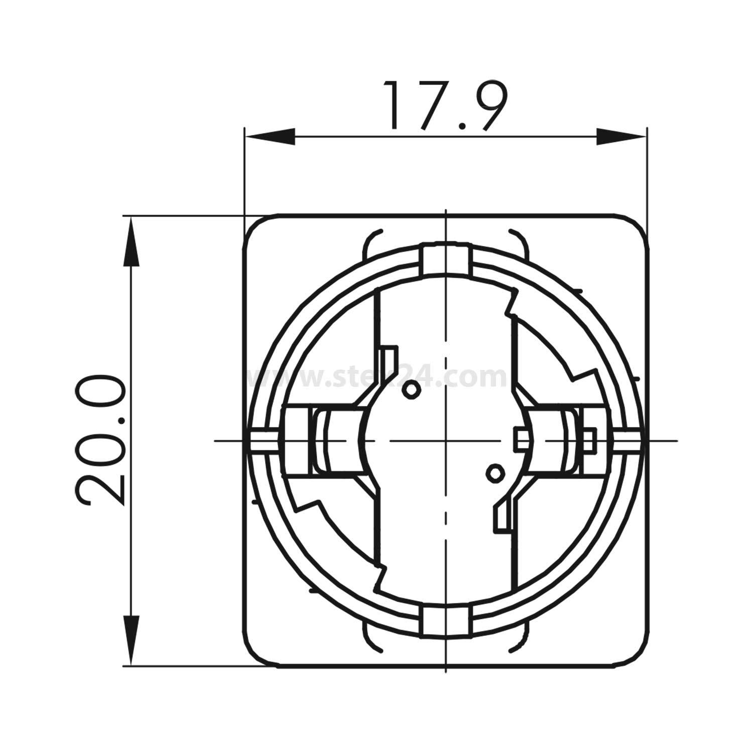 Technische Zeichnung einer kreisförmigen Komponente innerhalb eines quadratischen Rahmens. Abmessungen gekennzeichnet als 17,9 und 20,0.
