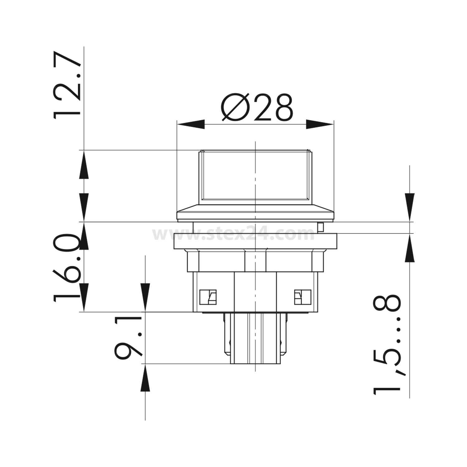 Technische Zeichnung einer zylindrischen Komponente mit einem Durchmesser von 28 mm. Markierte Höhen sind 12,7 mm, 16,0 mm, 9,1 mm und 1,5 bis 8 mm.