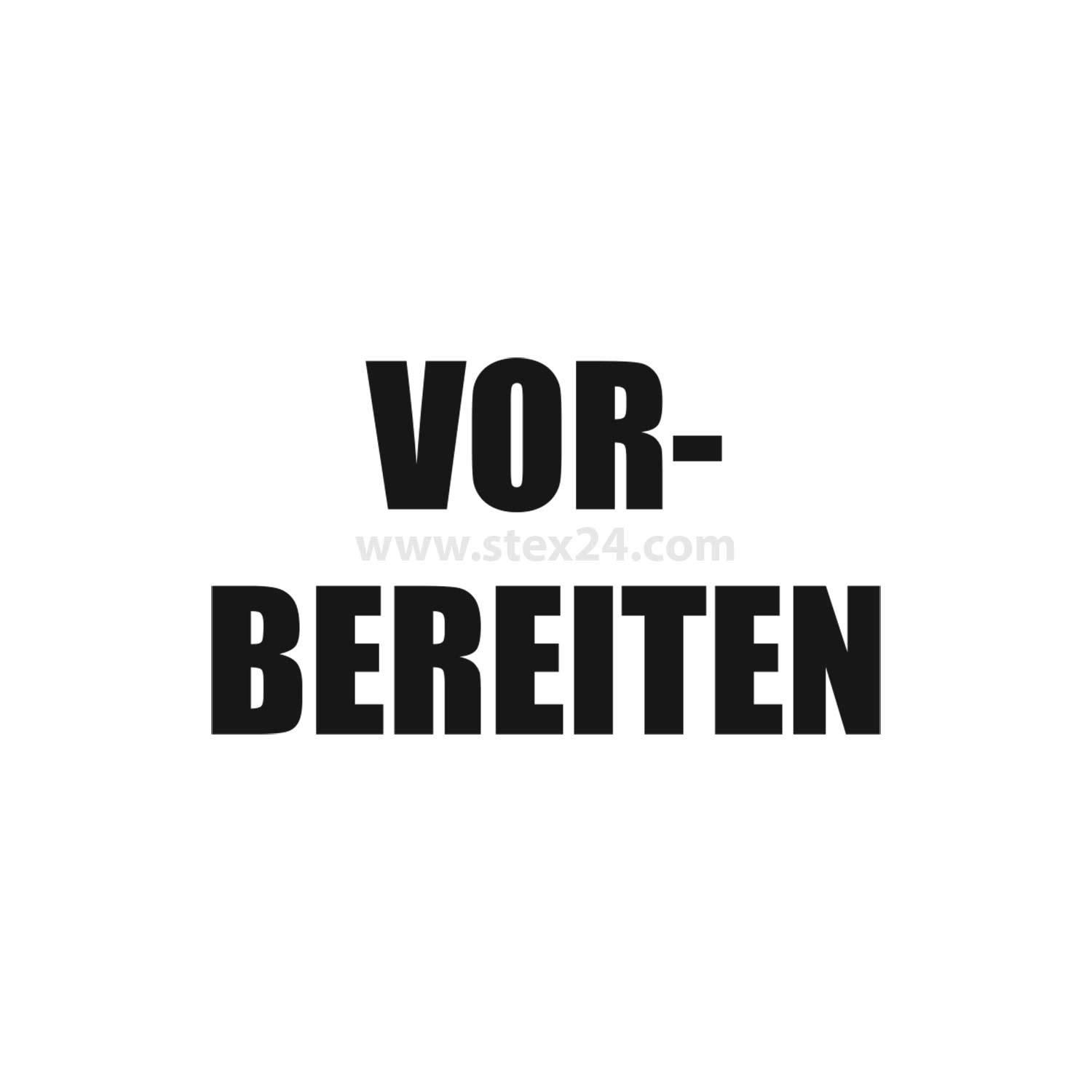 VOR-BEREITEN' in fetten schwarzen Großbuchstaben zentriert auf einem weißen Hintergrund.