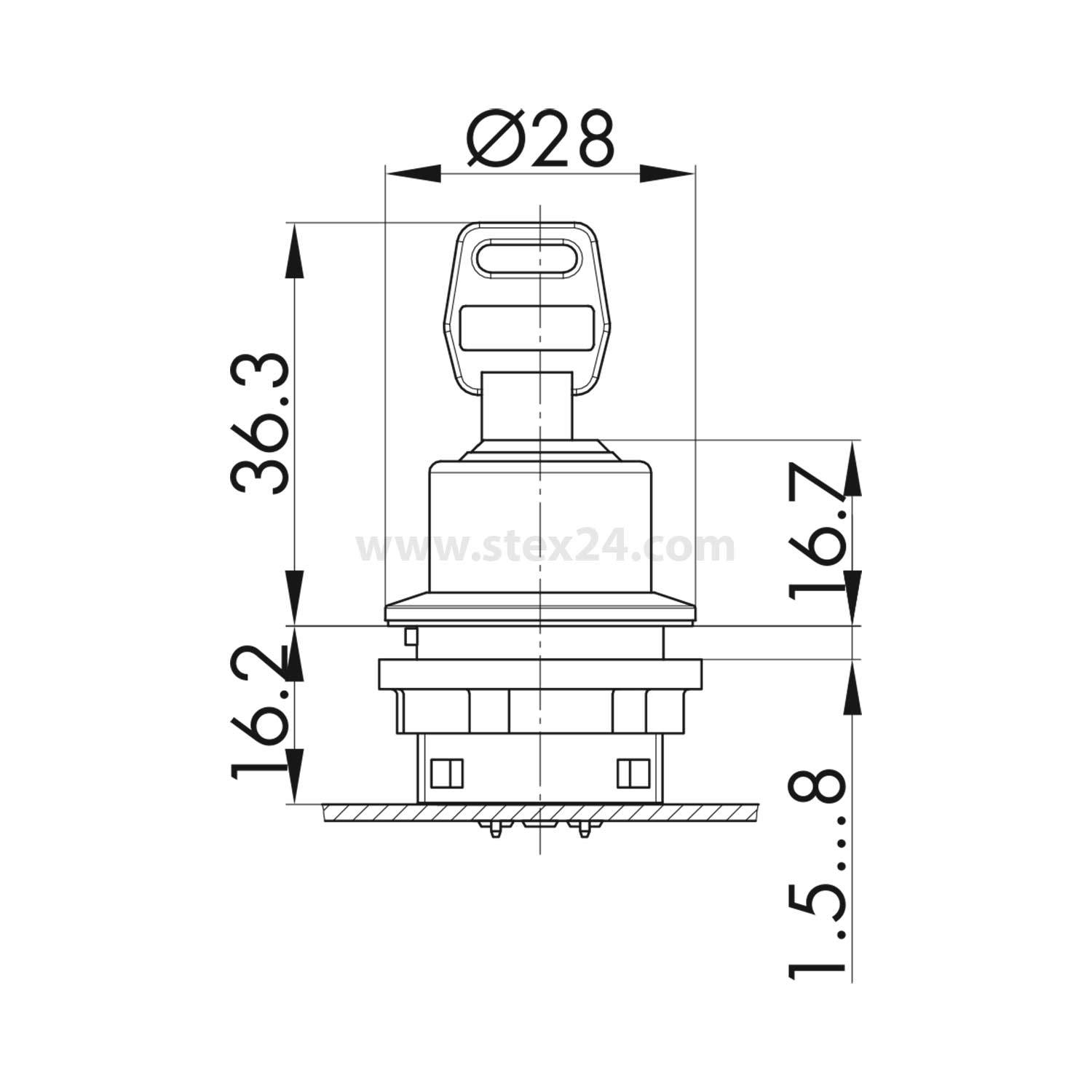 Technische Zeichnung eines Schalters zeigt Abmessungen: Durchmesser 28 mm, Höhe 36,3 mm, mit zusätzlichen Höhenmarkierungen bei 16,2 mm und 16,7 mm.