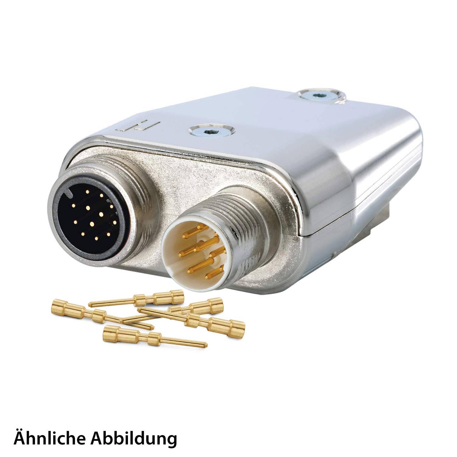 Ein metallischer elektronischer Anschluss mit zwei runden Mehrfachstift-Anschlüssen, einer männlich und einer weiblich. Mehrere lose goldene Stifte liegen in der Nähe.