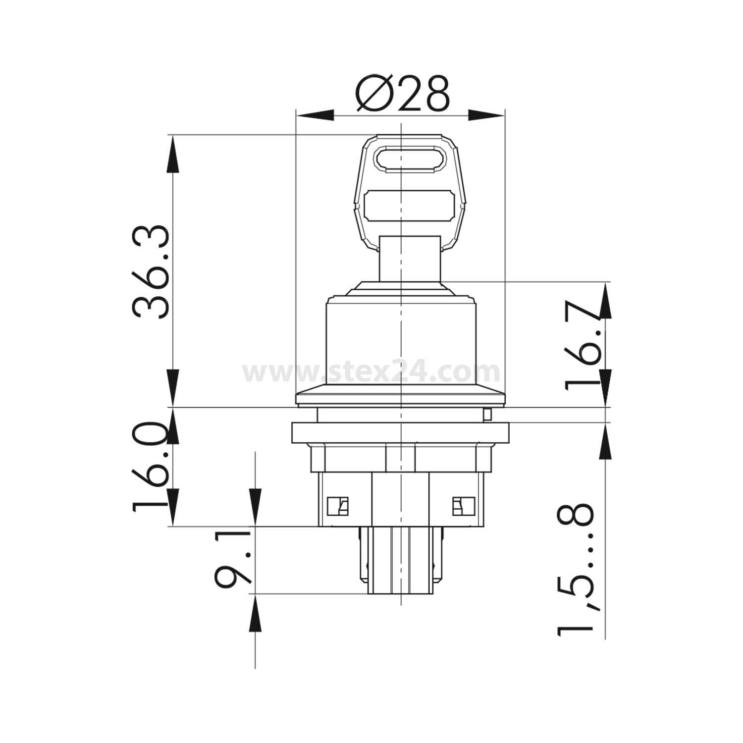 Technische Zeichnung eines Schlüsselschalters mit Abmessungen: Durchmesser 28 mm, Höhe 36,3 mm, Tiefe 16,7 mm, Sockelhöhe 16 mm und Anschlussgehäusehöhe 9,1 mm.