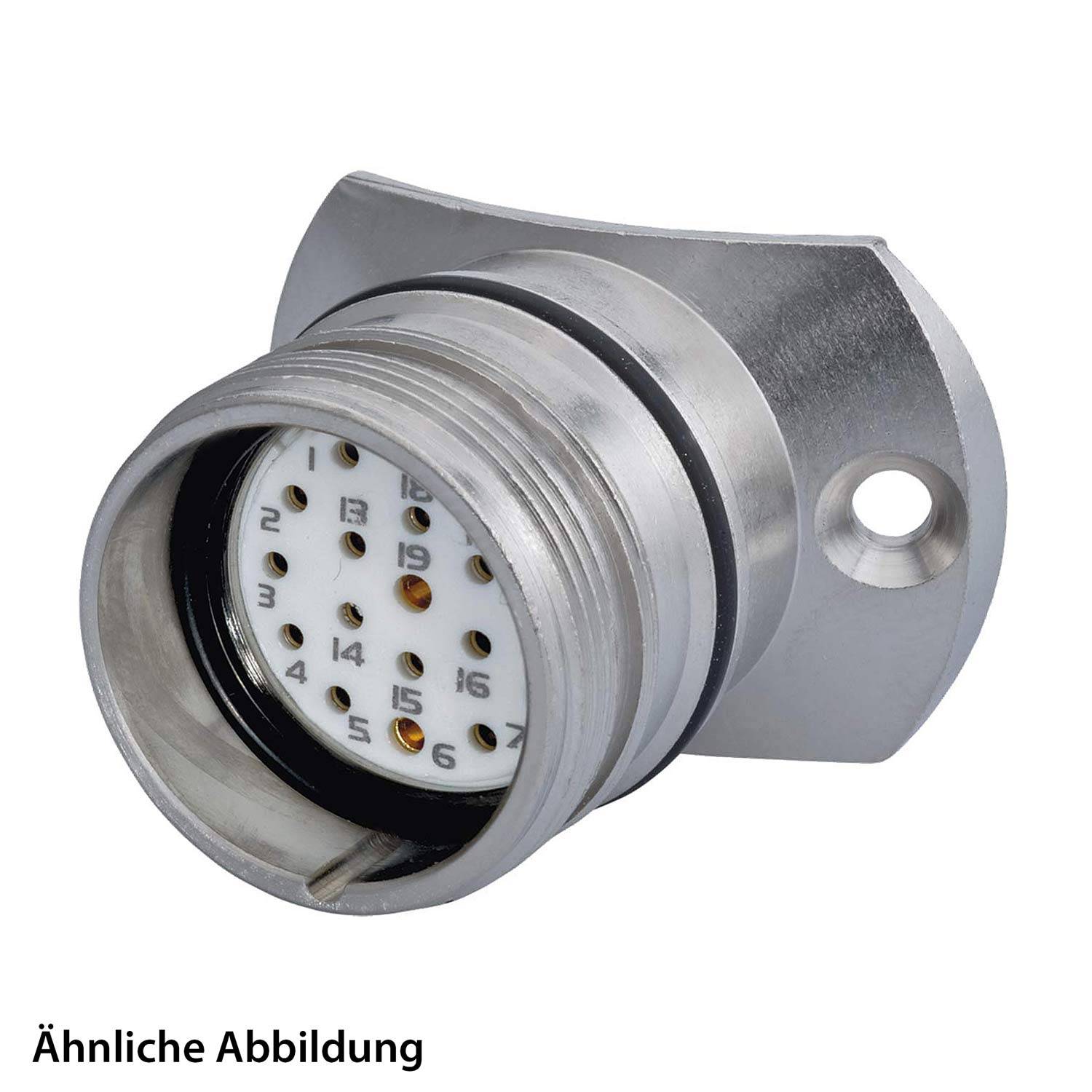 Ein metallischer elektrischer Anschluss mit mehreren Pins im Inneren, konzipiert für sichere Verbindungen. Text liest sich 'Ähnliche Abbildung.