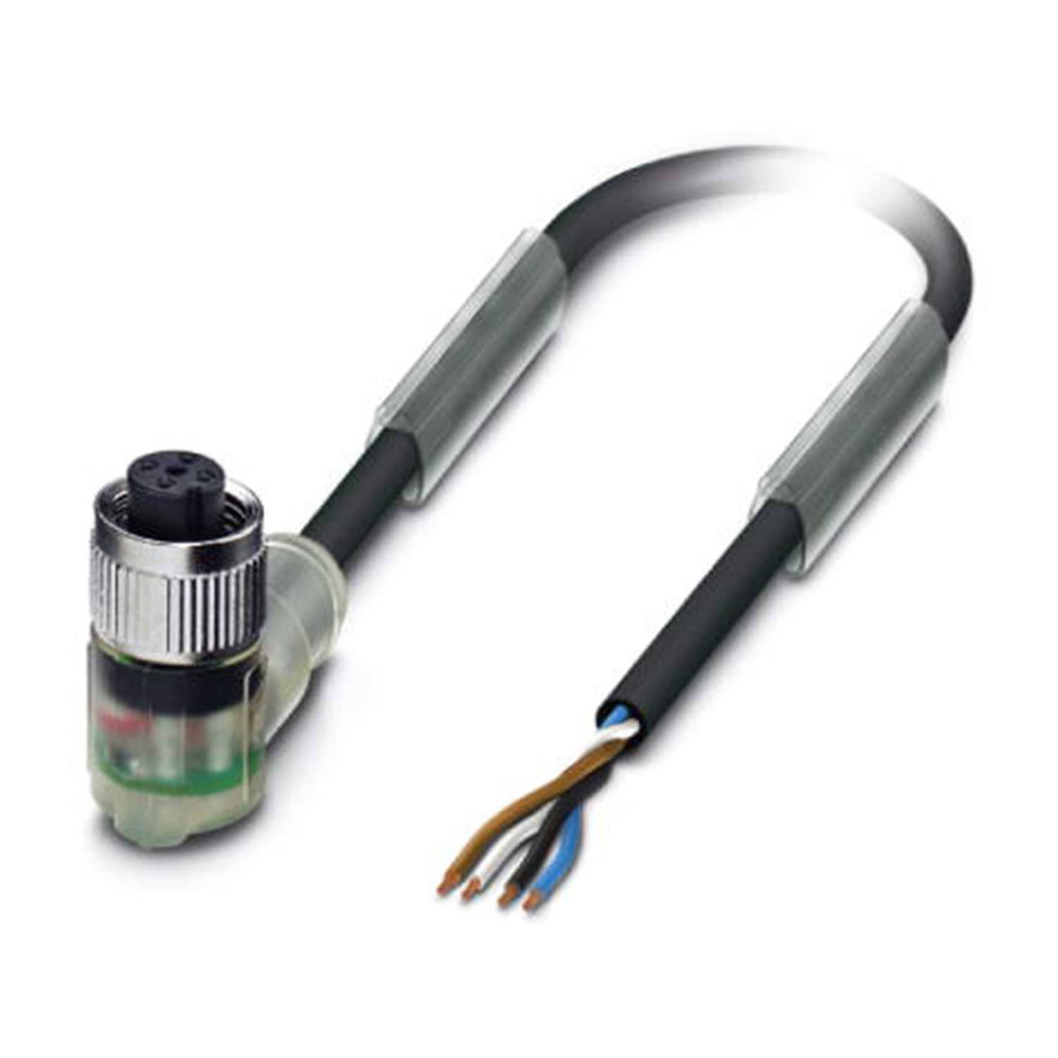 Ein schwarzes elektrisches Kabel mit einem Metallstecker an einem Ende und drei freiliegenden Kupferdrähten am anderen Ende, das für industrielle Verbindungen verwendet wird.