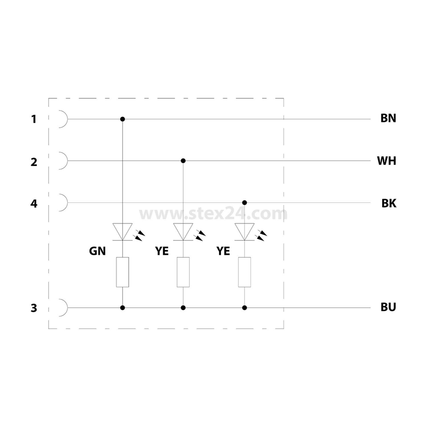 Elektrische Schaltung mit Beschriftungen der Anschlüsse: 1-BN, 2-WH, 4-BK, 3-BU. Enthält drei Symbole in Reihe geschaltet: GN, YE, YE.