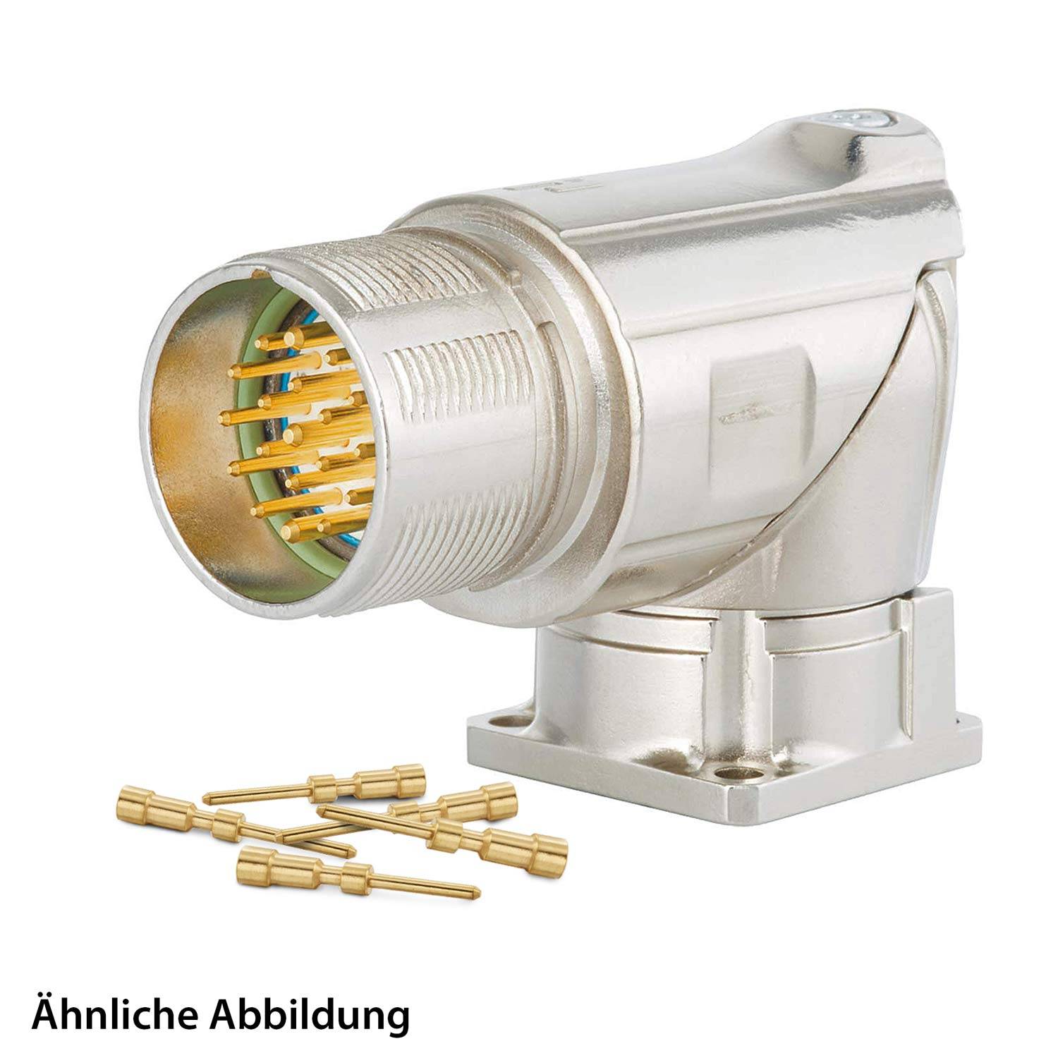 Ein Metall-Elektroverbinder mit mehreren Goldstiften, montiert auf einer rechtwinkeligen Metallbasis. Mehrere lose Goldstifte sind in der Nähe verstreut.