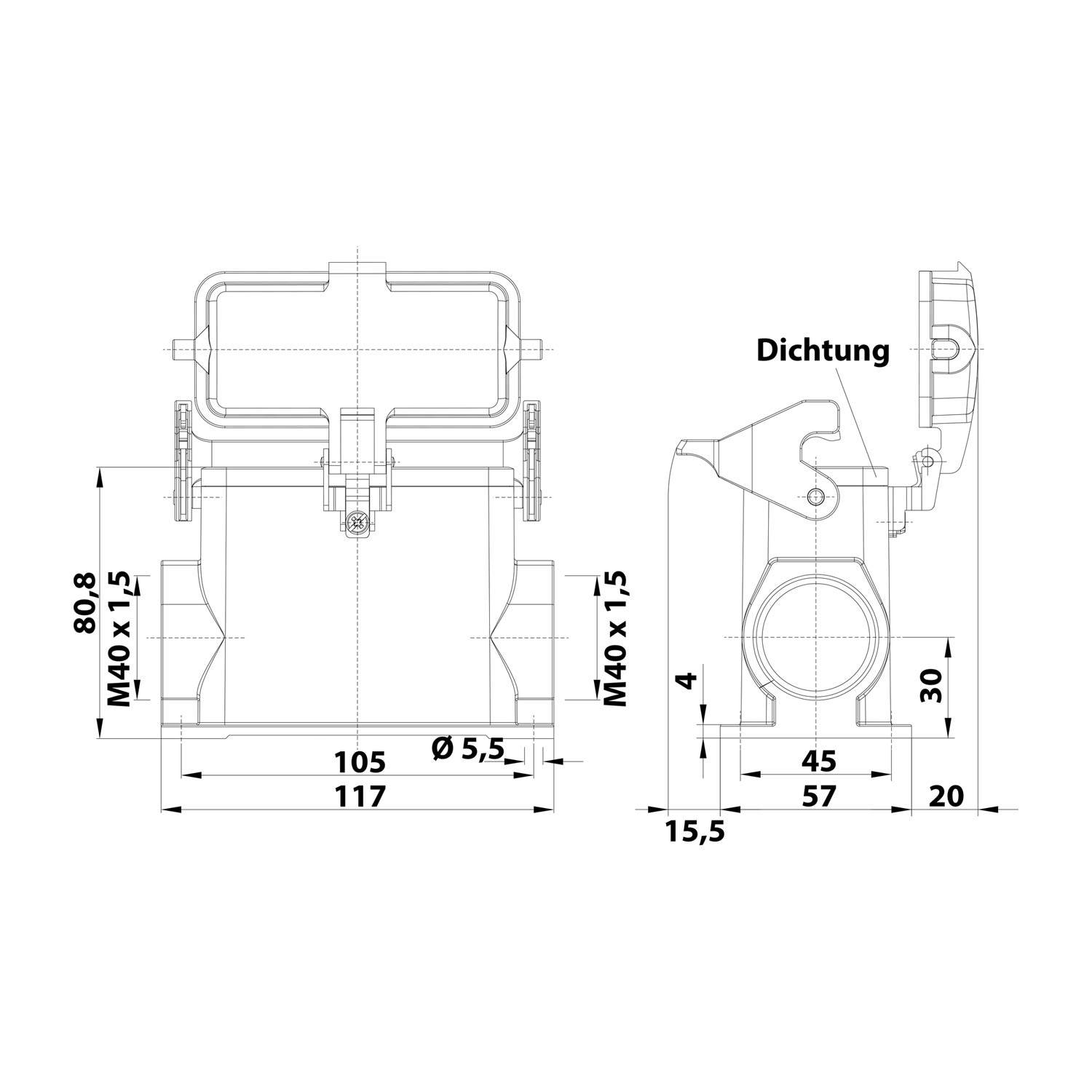 05300162267 HARTING Han 16B Sockelgehäuse hoch, 2xM40 seitlicher Kabelabgang, mit 1 Längsbügel mit Schutzkappe Metall -