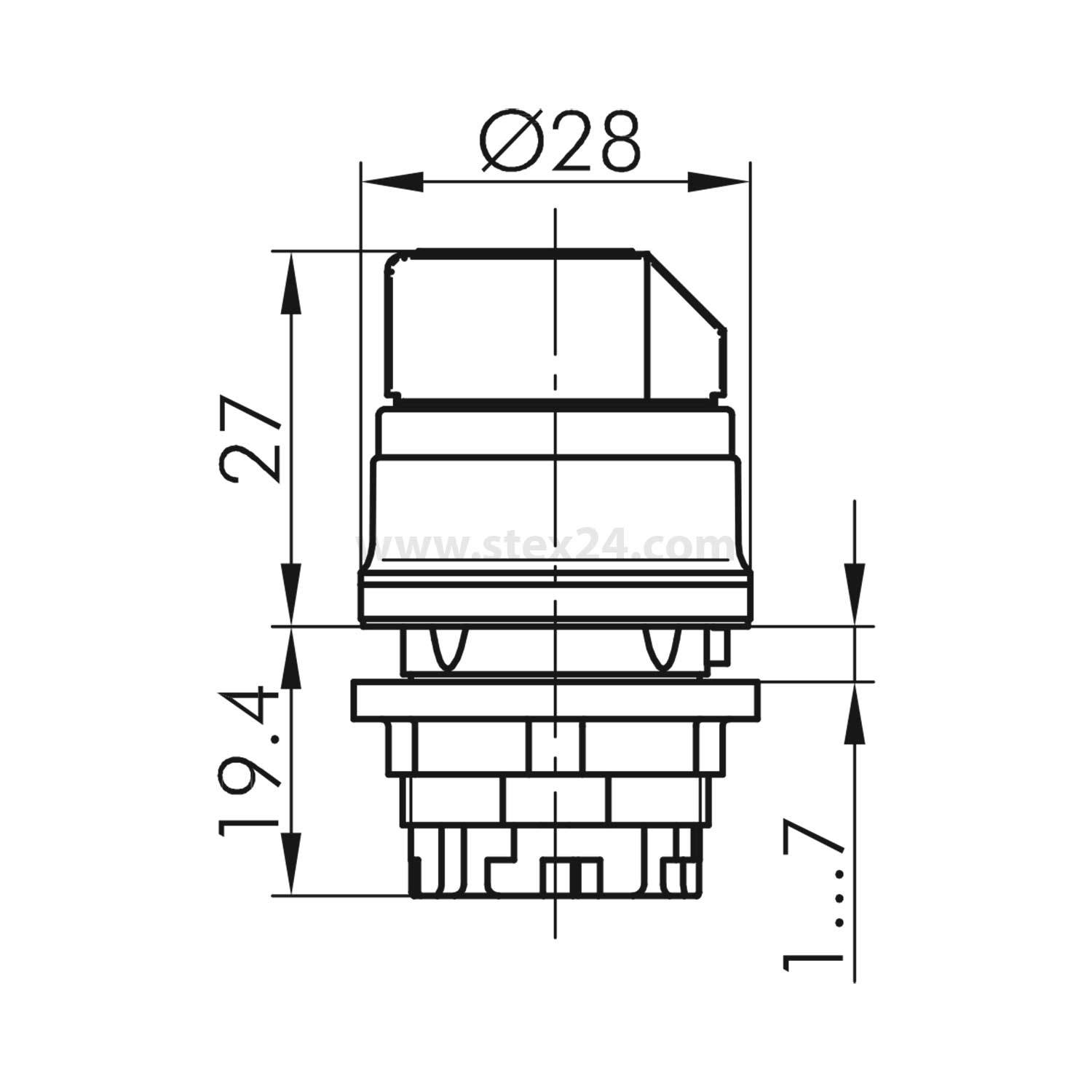 Technische Zeichnung eines zylindrischen Objekts mit einem Durchmesser von 28 mm und einer Höhe von 27 mm, die detaillierte Messungen und Konstruktionsstruktur zeigt.
