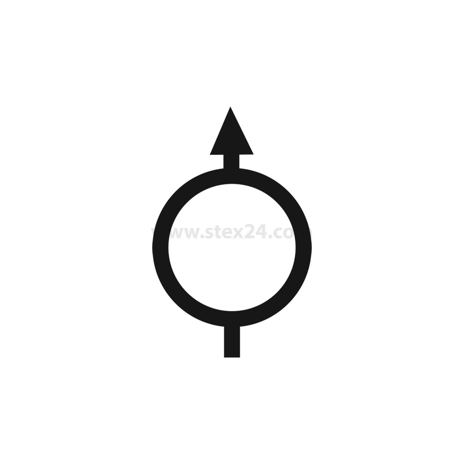 Ein schwarzer Kreis mit einem vertikalen Pfeil, der nach oben zeigt, und einer Linie, die nach unten weist, symbolisiert eine Richtungsströmung oder -bewegung.