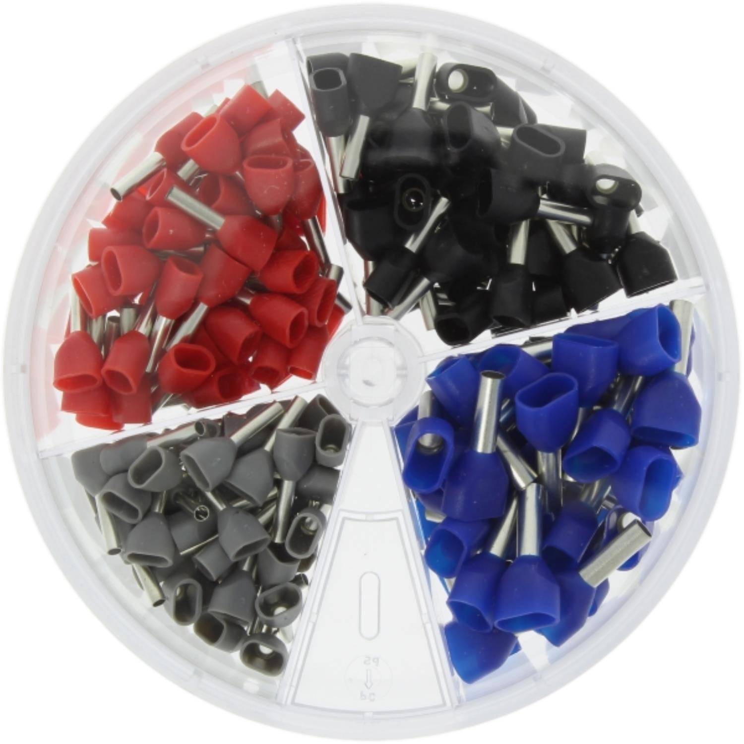 Ein runder Behälter mit vier Fächern, von denen jedes mit Drahtverbindern in unterschiedlichen Farben gefüllt ist: rot, schwarz, grau und blau.