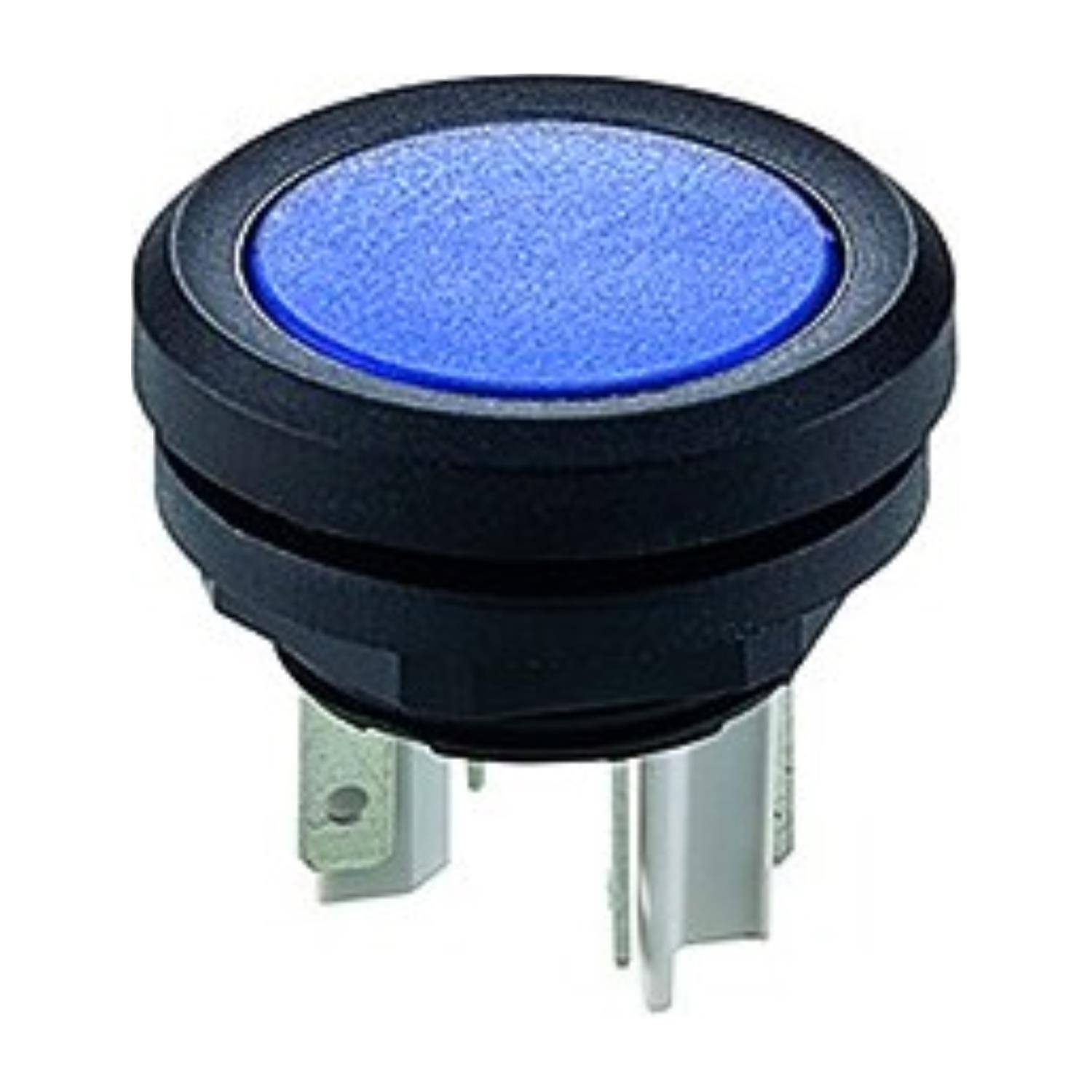 Ein runder, blauer Drucktaster mit einem schwarzen Gehäuse und Metallanschlüssen, der zur Steuerung von elektronischen Geräten oder Schaltkreisen verwendet wird.