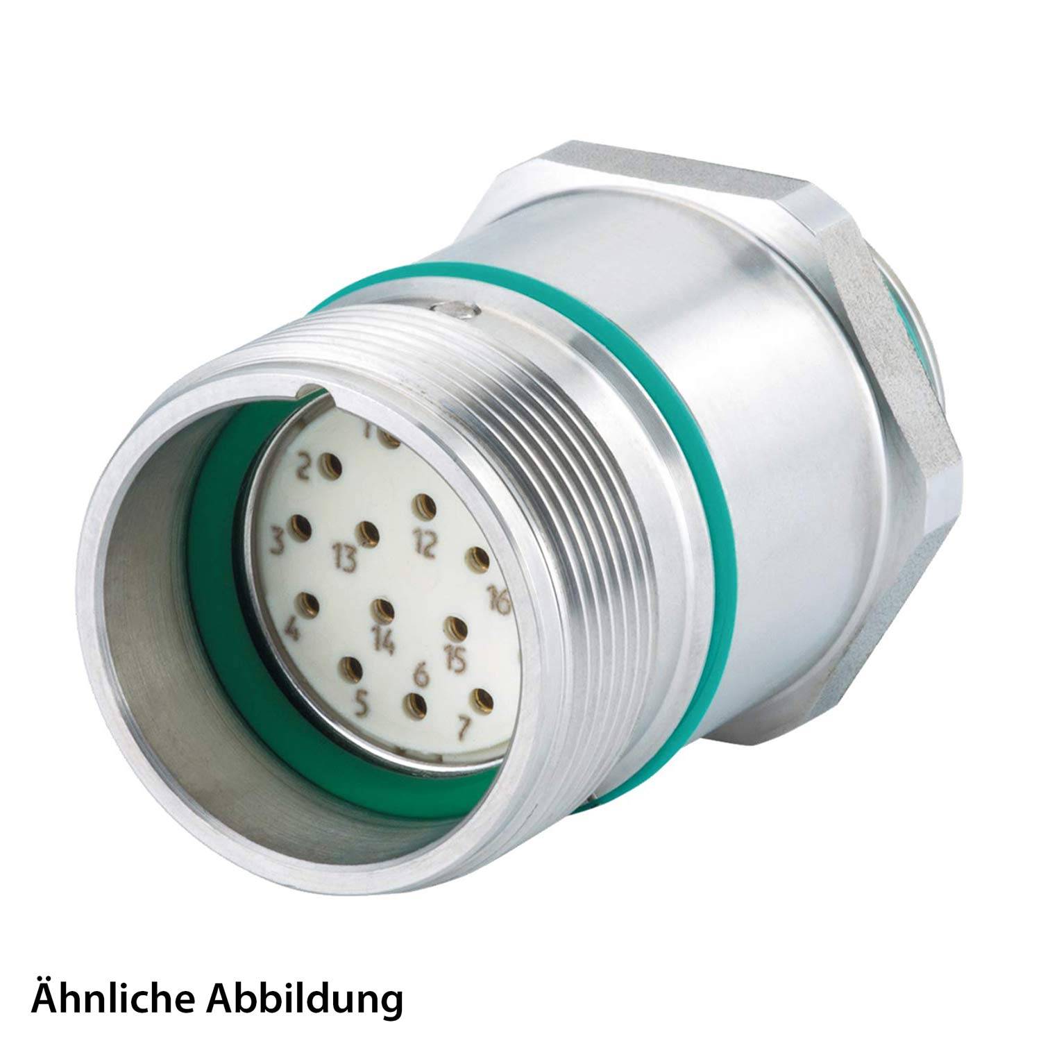 Ein metallischer kreisförmiger elektrischer Steckverbinder mit mehreren Pins im Inneren, der für industrielle oder technologische Anwendungen verwendet wird.