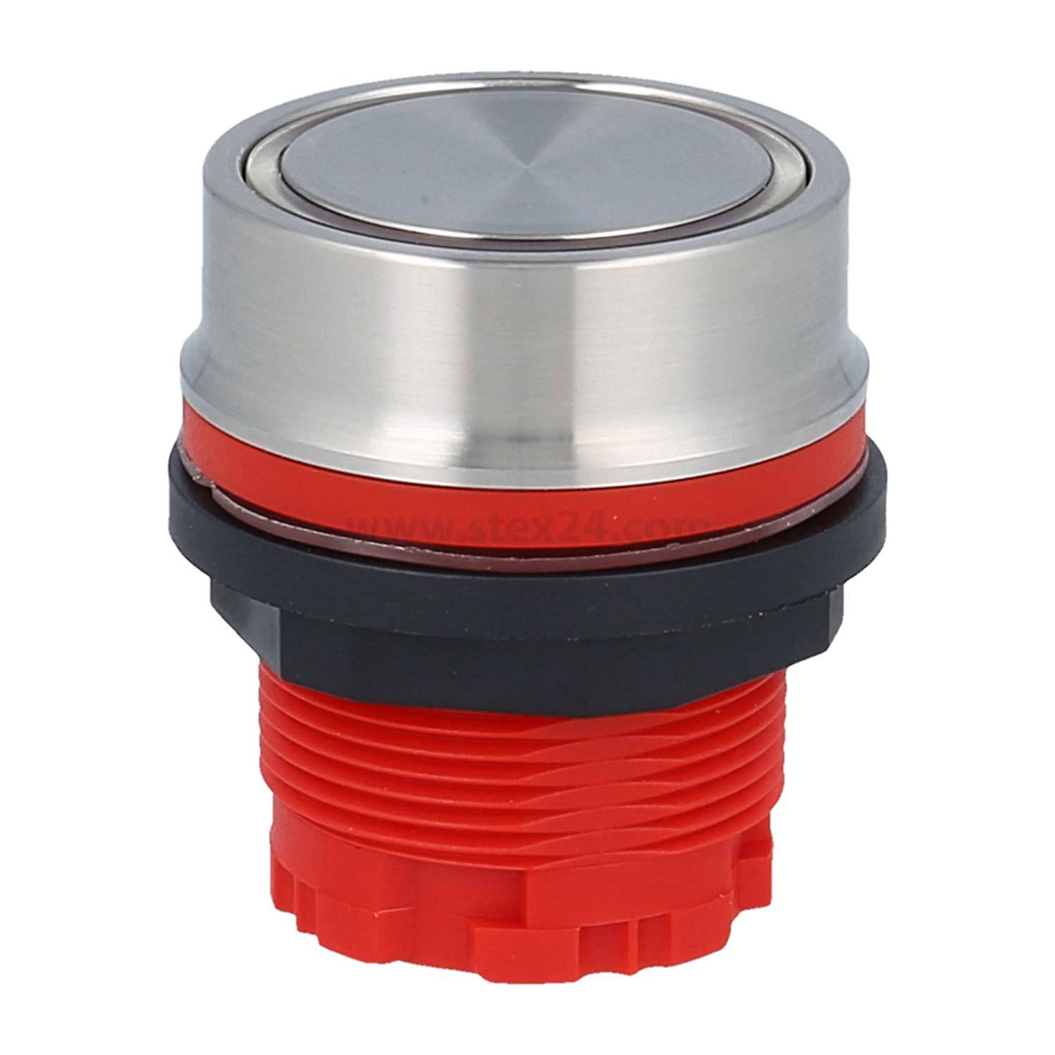 Eine Nahaufnahme eines metallischen Notaus-Knopfes mit roter Basis und grauem Oberteil, der in Maschinen zu Sicherheitszwecken verwendet wird.