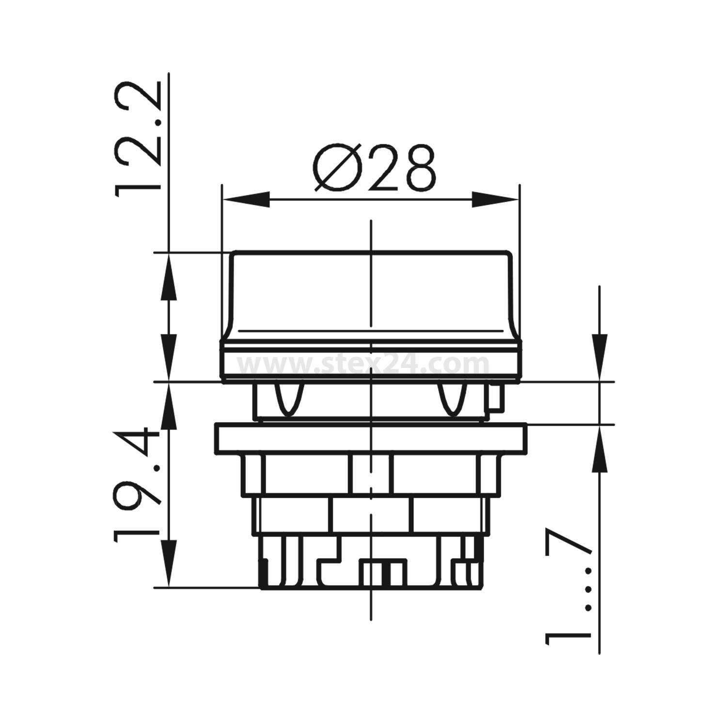 Diagramm einer kreisrunden Taste mit Maßen: Durchmesser 28 mm, Höhe 12,2 mm und zusätzliche Komponentenhöhe 1,7 mm.