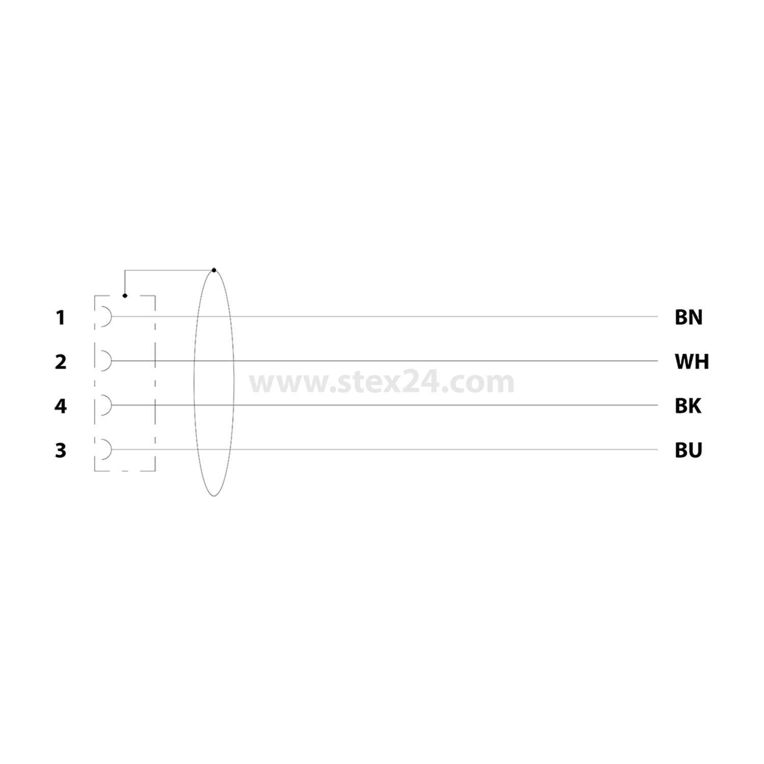 Diagramm eines kreisförmigen Steckverbinders mit vier Pins; Pin 1: braun (BN), Pin 2: weiß (WH), Pin 3: blau (BU), Pin 4: schwarz (BK).