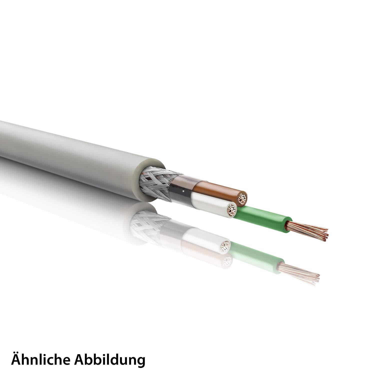 Ein Querschnitt eines elektrischen Kabels, der drei farbcodierte Kupferdrähte innerhalb einer grauen Außenhülle zeigt. Text lautet 'Ähnliche Abbildung'.