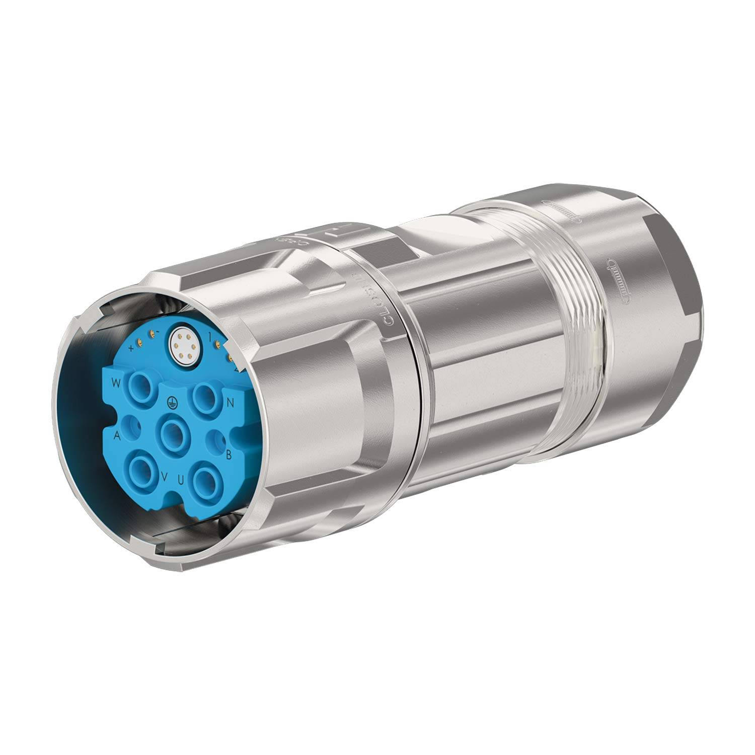 Ein metallischer zylindrischer Anschluss mit blauem Innenraum und mehreren kreisförmigen Anschlüssen, wahrscheinlich für industrielle oder technische Anwendungen.