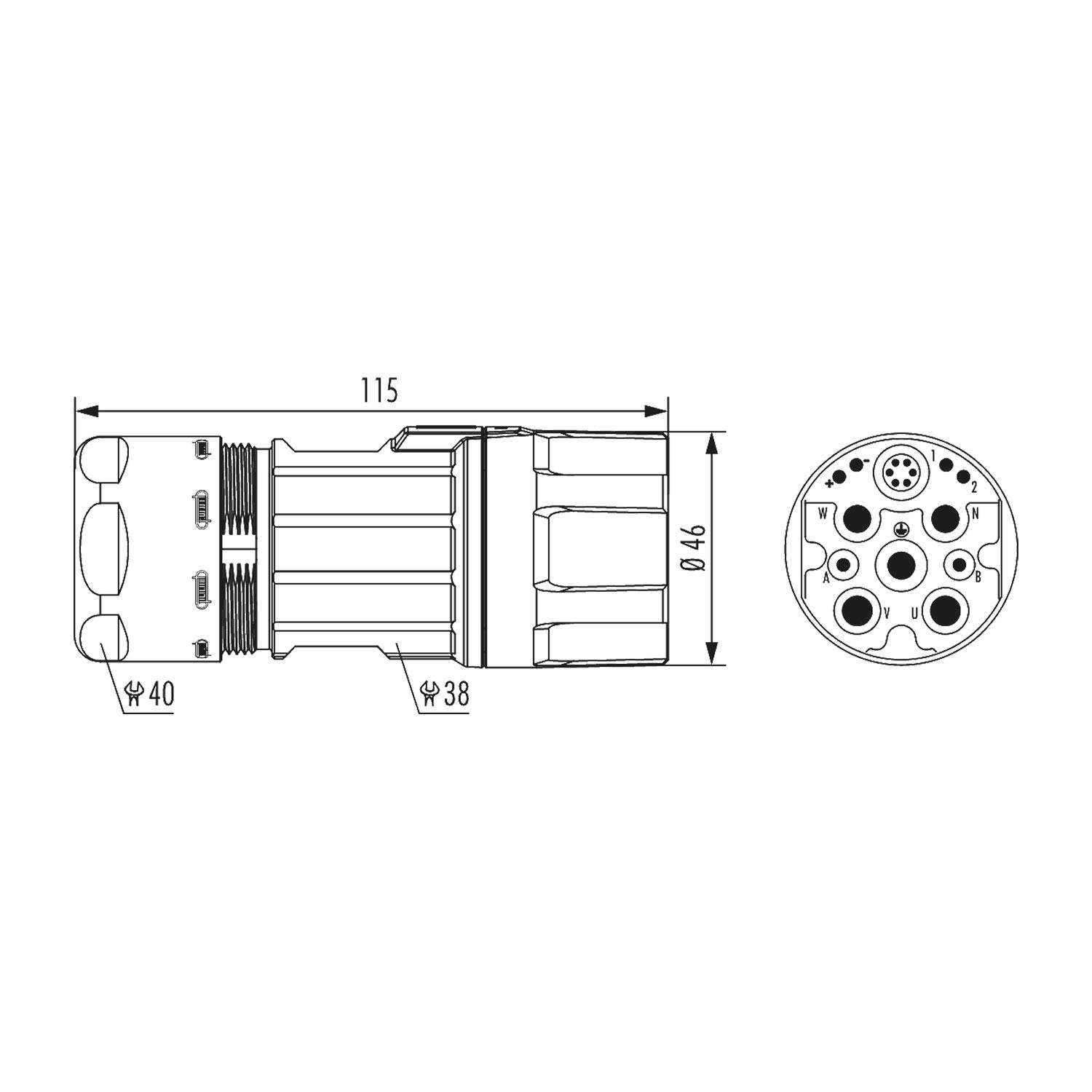 Diagramm eines zylindrischen Anschlusses mit Maßangaben: Länge 115 mm, Durchmesser 46 mm. Endansichten zeigen mehrere kreisförmige Anschlüsse.