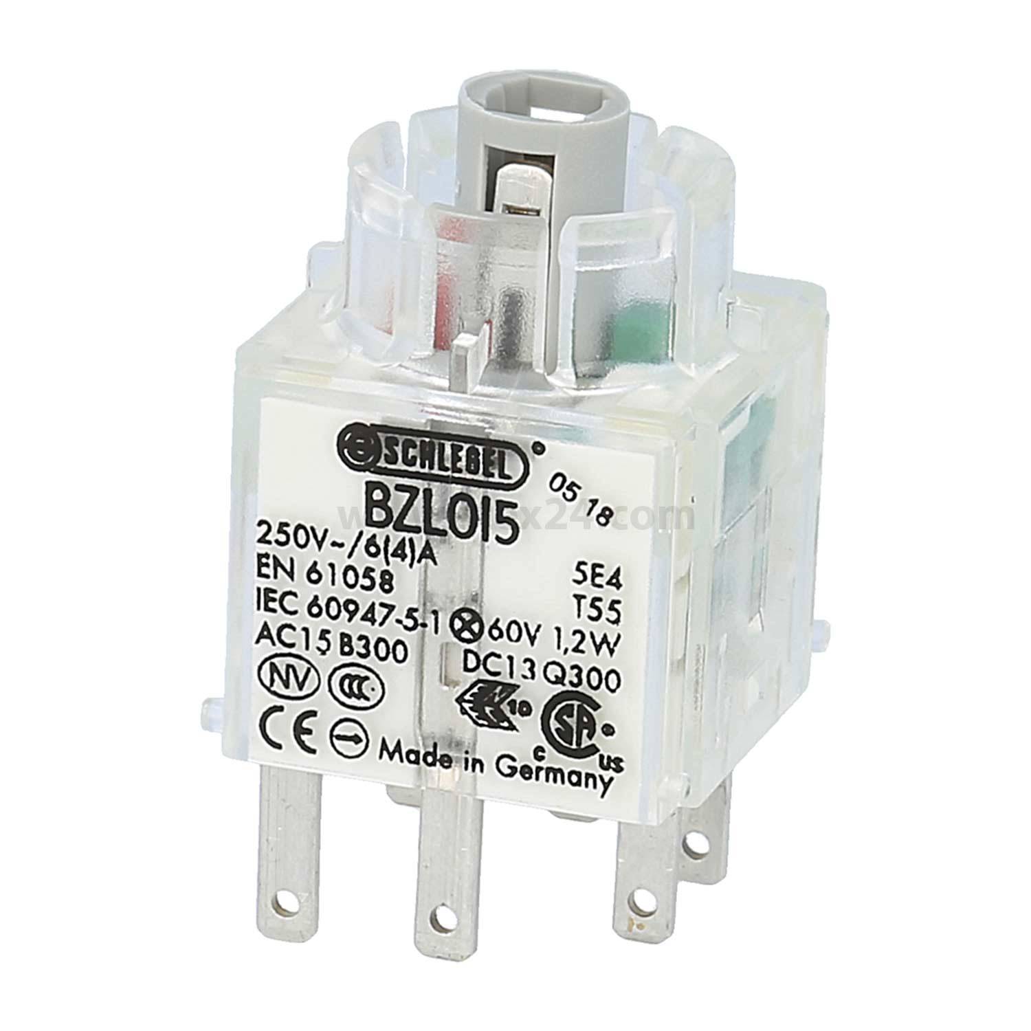 Ein transparenter Elektroschalter Modell BZL015 mit vier Metallstiften, gekennzeichnet '250V~6(4)A EN 61058'. Hergestellt in Deutschland.
