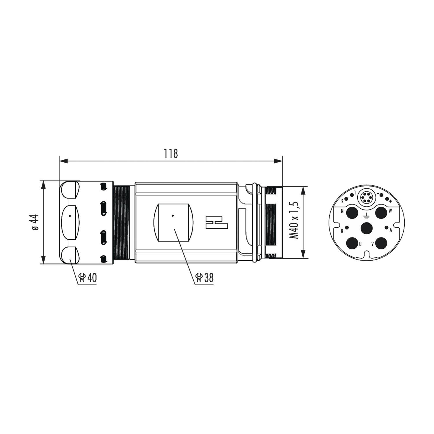 Technische Zeichnung eines zylindrischen elektrischen Steckers, mit Seiten- und Draufsicht und Maßangaben: Länge 118 mm, Durchmesser 44 mm.