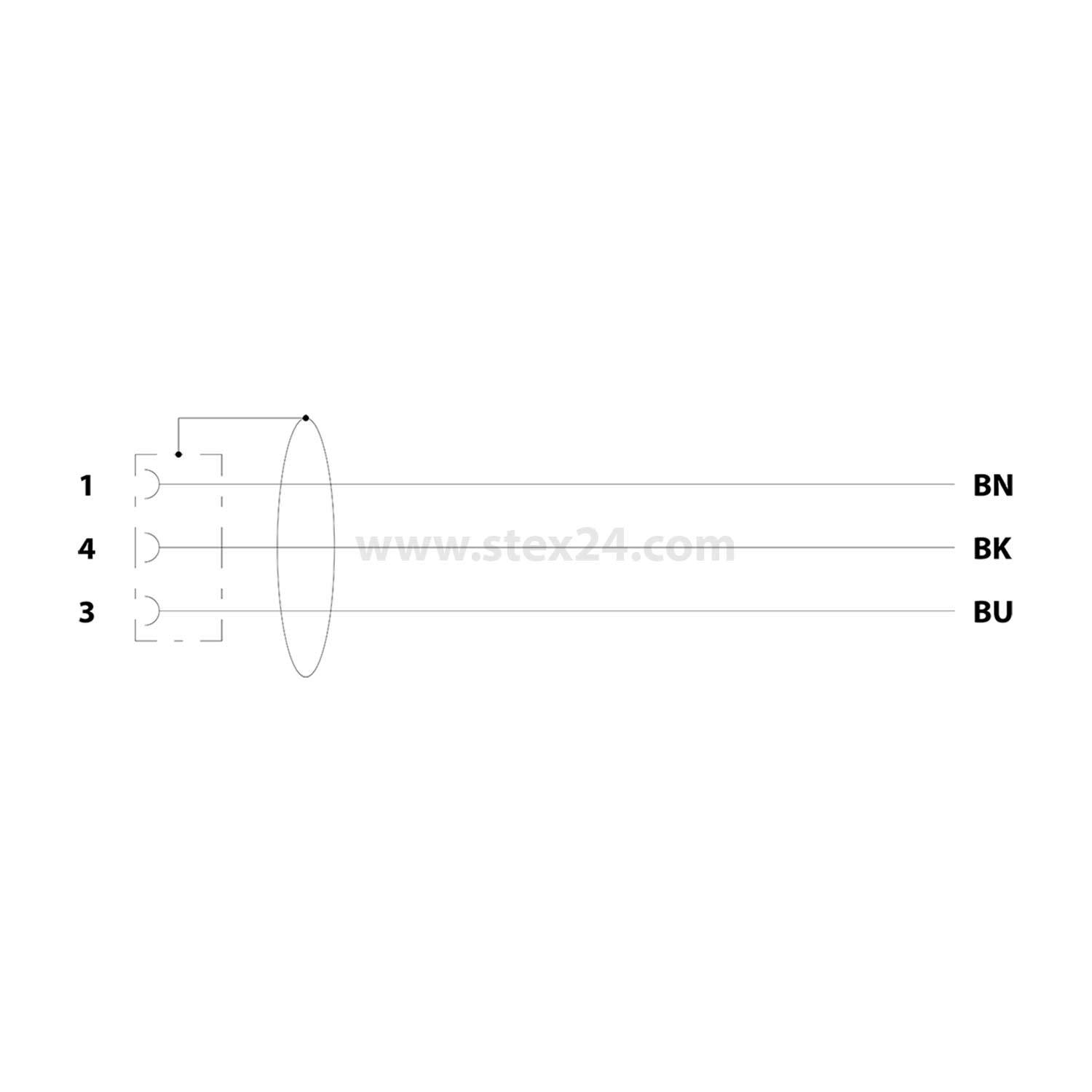 Diagramm mit Verdrahtungsverbindungen: Pin 1 verbindet sich mit BN (braun), und Pin 4 verbindet sich mit BU (blau). Es gibt einen Verbinder, der diese miteinander verbindet.