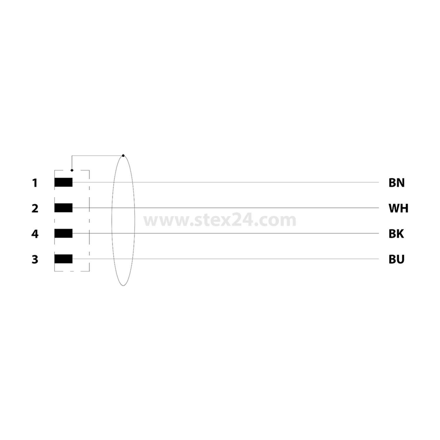Diagramm zeigt elektrische Verkabelung mit vier Linien von 1 bis 4, die an farbige Kabel angeschlossen sind: BN (Braun), WH (Weiß), BU (Blau) und BK (Schwarz).