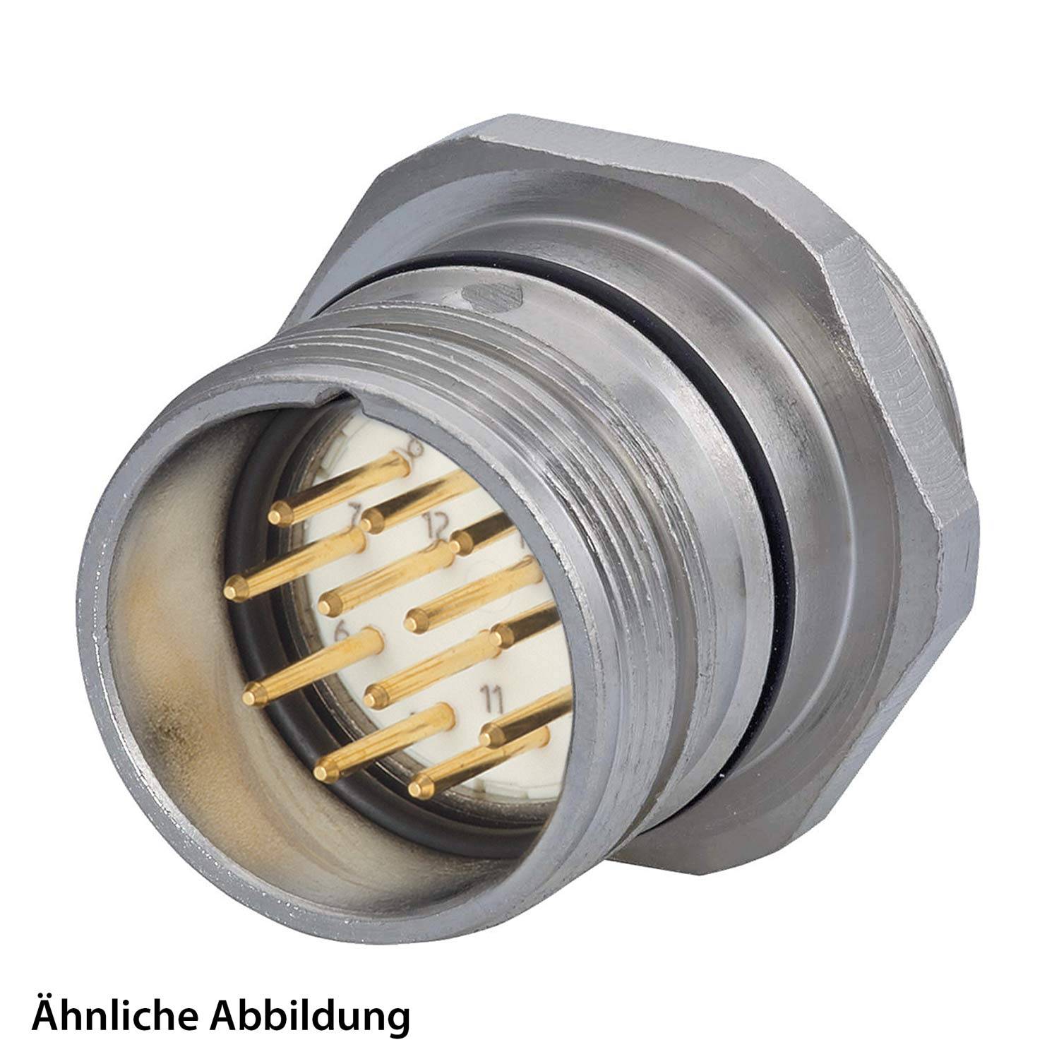 Ein Metall-Mehrfach-Pin-Elektroanschluss mit sechseckiger Basis, von einem Winkel aus dargestellt, um die Anordnung der Pins zu zeigen. Text lautet 'Ähnliche Abbildung'.