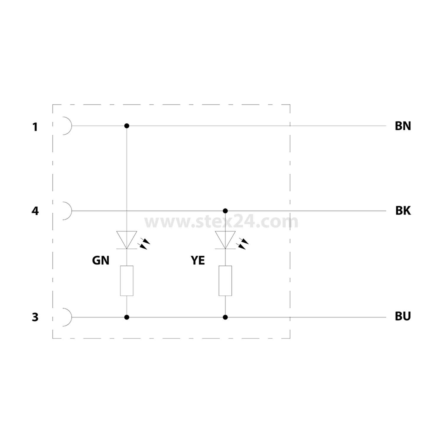 Diagramm, das eine Schaltung mit zwei LEDs zeigt, die als GN und YE bezeichnet sind und mit den Anschlüssen 1, 3 und 4 verbunden sind. GN ist grün, YE ist gelb.