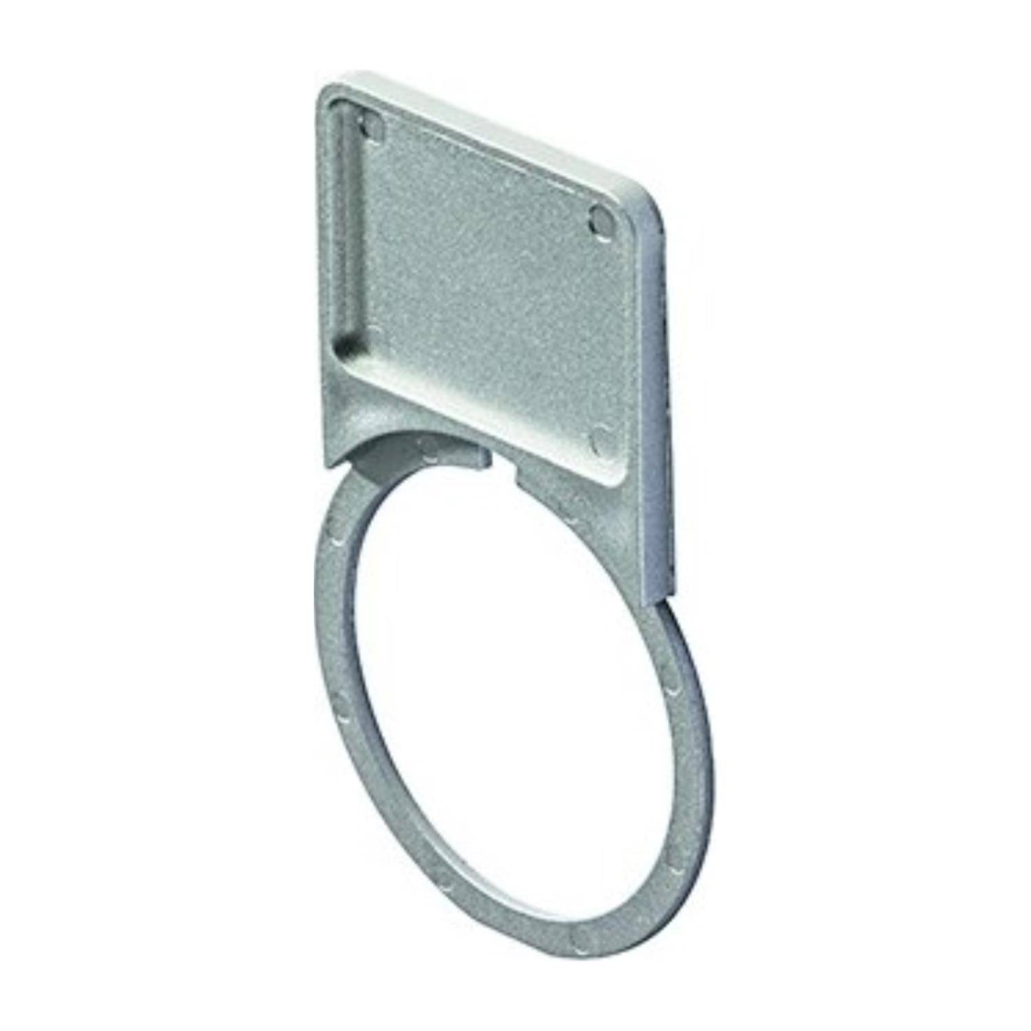 Metallischer Verschlussring mit einem rechteckigen Befestigungsbügel oben, konzipiert zum Anbringen an einer Oberfläche.