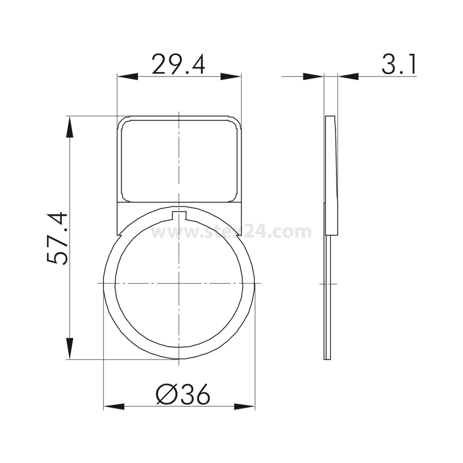 Eine technische Zeichnung eines kreisförmigen Gegenstands mit einem quadratischen Griff, mit Maßangaben von 29,4, 3,1, 57,4 und einem Durchmesser von 36.