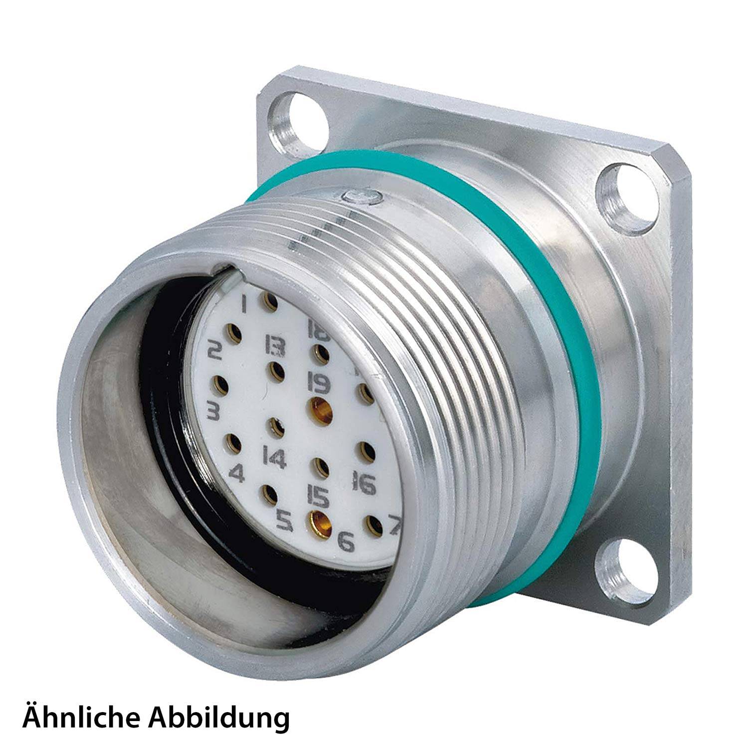 Ein kreisförmiger Metallverbinder mit mehreren Pins und einem grünen Dichtungsring, montiert auf einem quadratischen Flansch mit vier Schraublöchern.