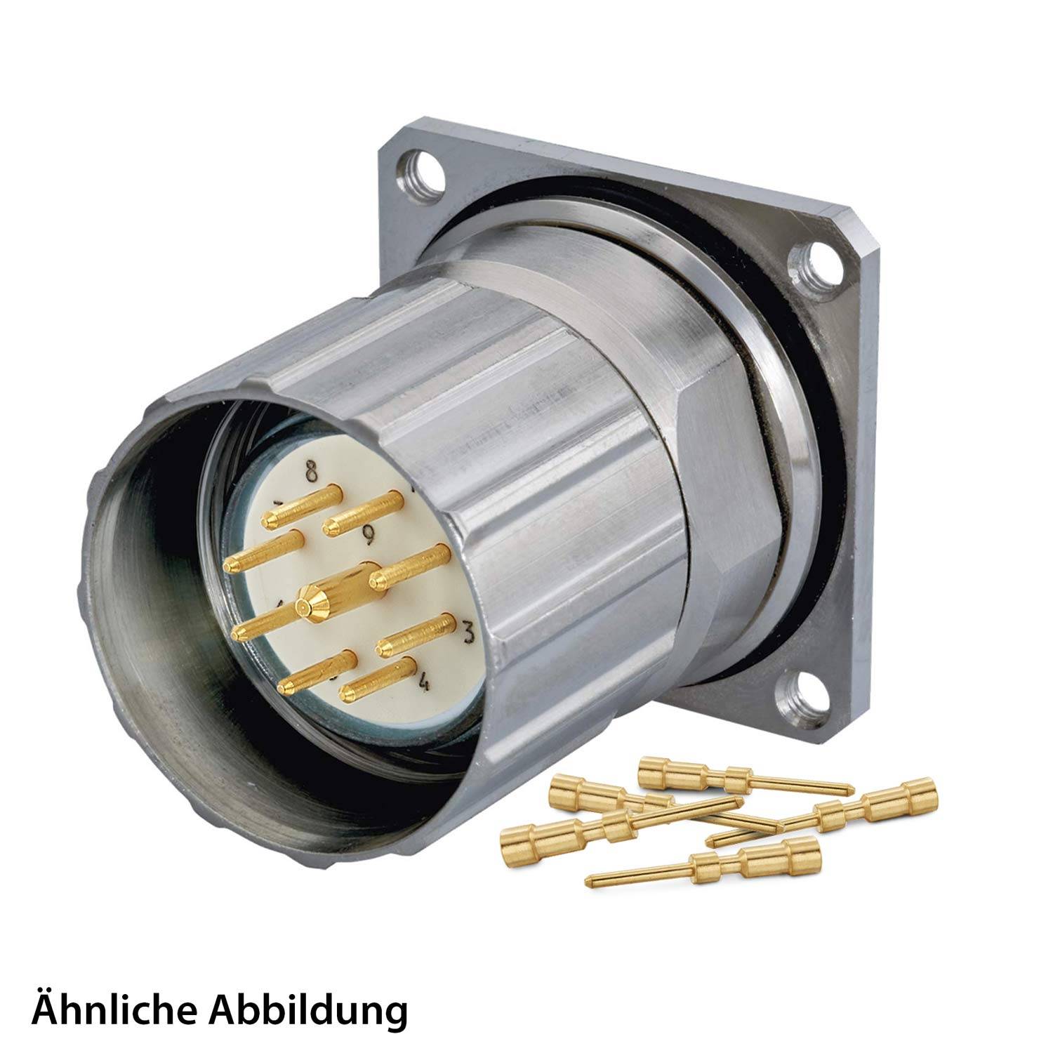Ein zylindrischer elektrischer Stecker mit neun vergoldeten Kontaktstiften und einem quadratischen Flansch, begleitet von mehreren losen Kontaktstiften.