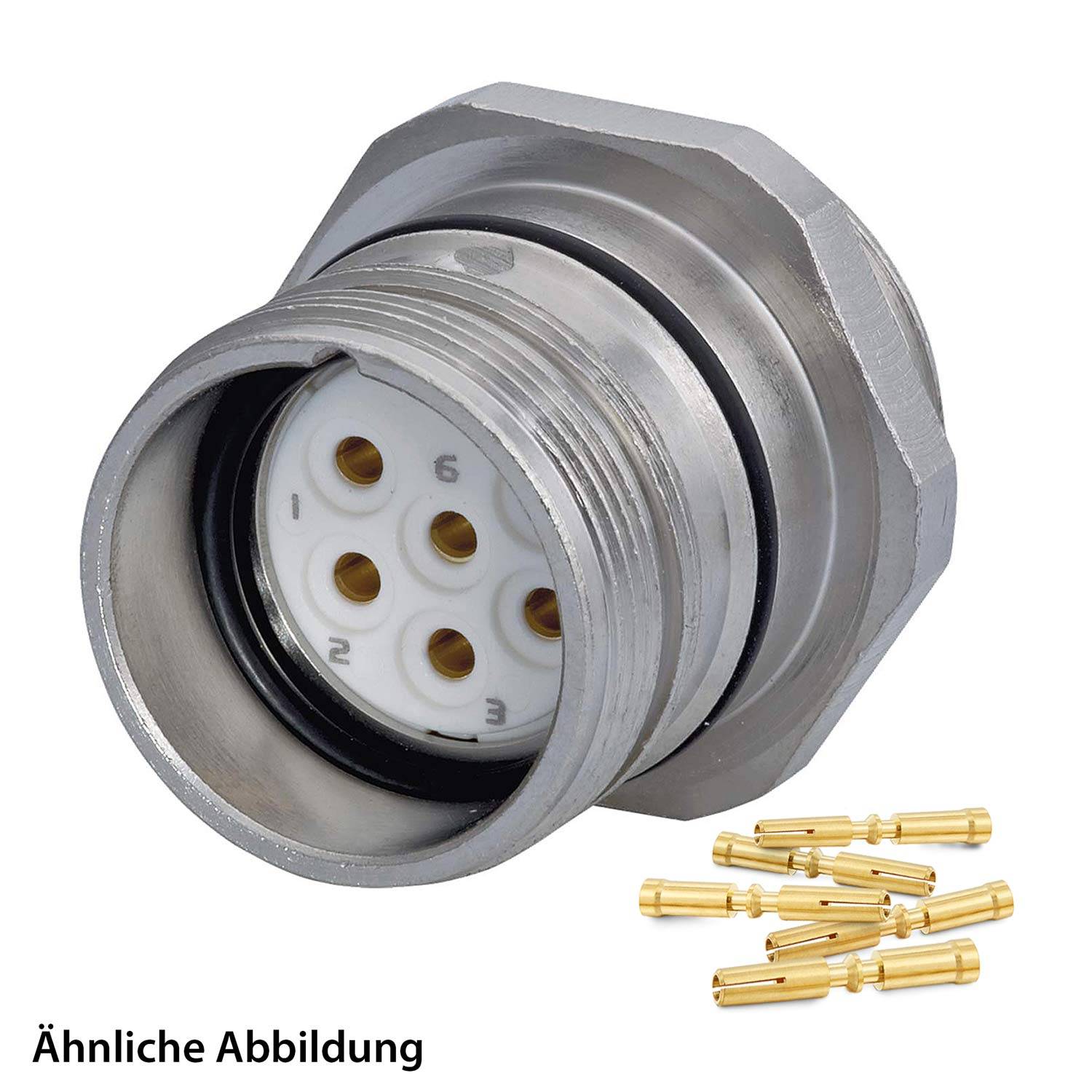 Auf einem weißen Hintergrund ist ein runder Metallstecker mit mehreren Pins zu sehen. Daneben liegen einige goldene Stiftkontakte.