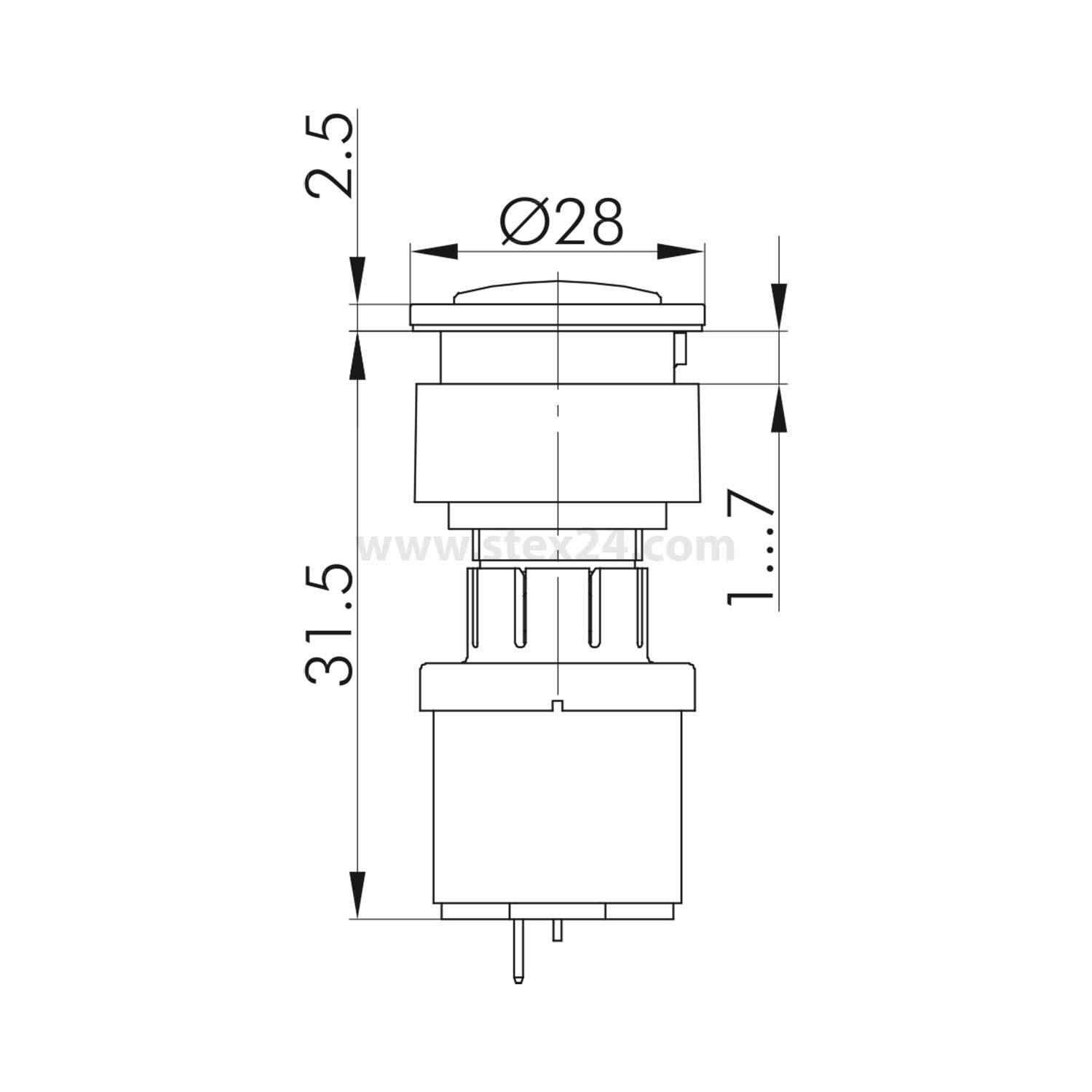 Technische Zeichnung einer zylindrischen Komponente mit Maßen: Durchmesser 28 mm, Höhe 31,5 mm und Schaftlänge 2,5 mm, mit Stiftanschlüssen.