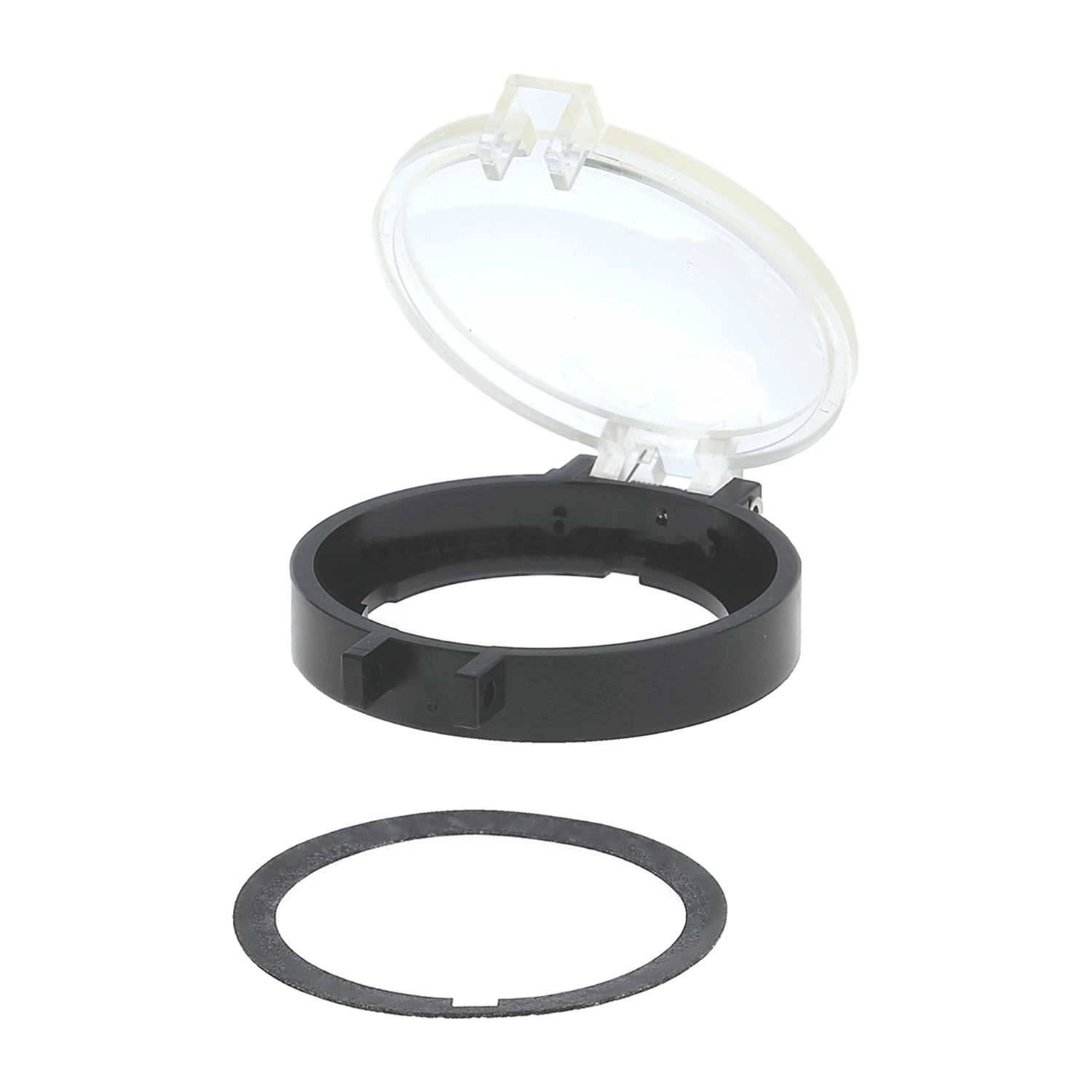 Durchsichtige Schutzkappe mit einer schwarzen Zirkulärmontage und einem separaten dünnen schwarzen Ring darunter, konzipiert zum Abdecken oder Sichern eines Gegenstands.