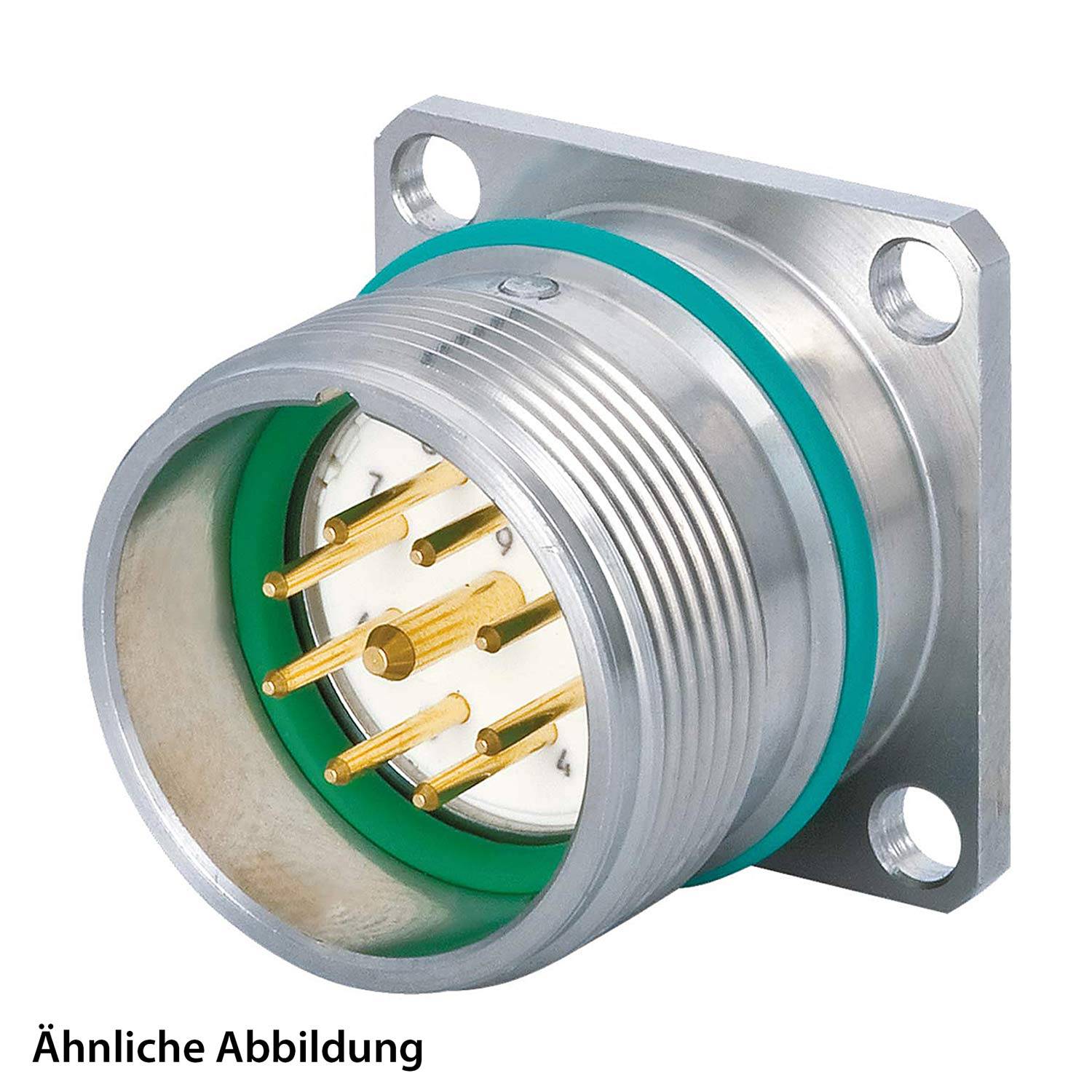 Ein zylindrischer Metallverbinder mit mehreren Goldstiften und einer Montageflansche. Beschriftung lautet: Ähnliche Abbildung.