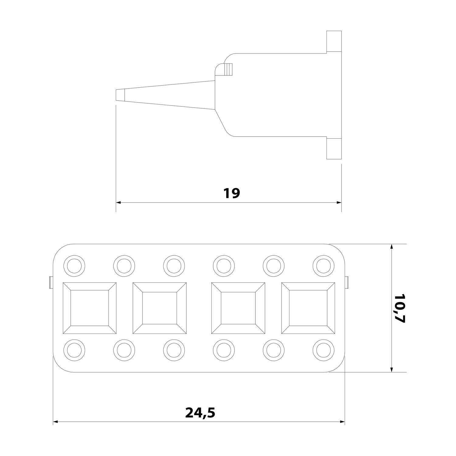 „Technische Zeichnung mit Abmessungen in Zentimetern: Seitenansicht Länge 19; Draufsicht Breite 24,5, Höhe 10,7.