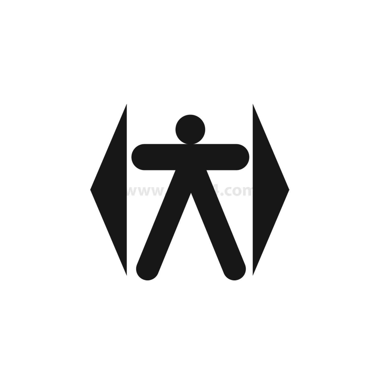 Ein schwarzes universelles Barrierefreiheits-Symbol mit einer personenförmigen Figur zwischen zwei Dreiecken, das Zugang und Inklusion symbolisiert.