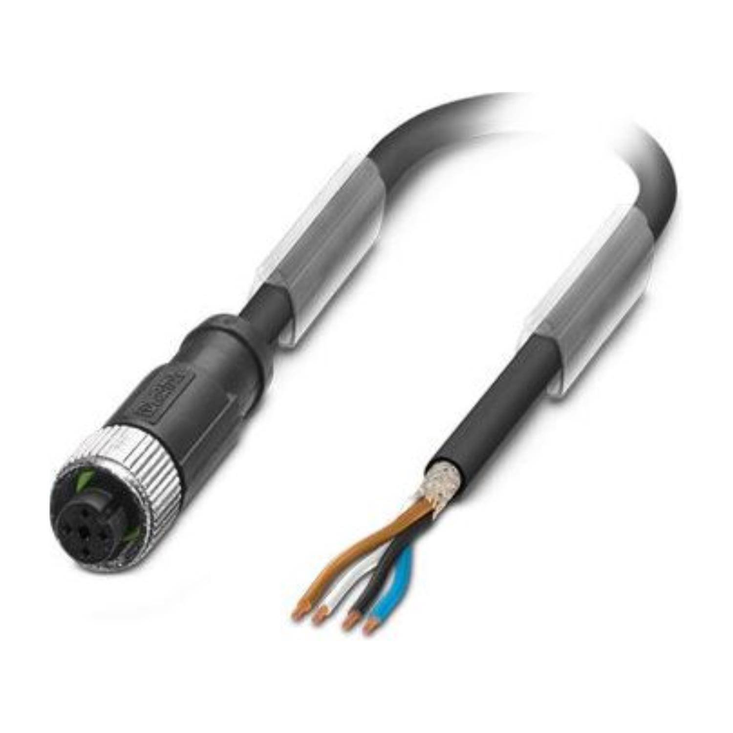 Ein schwarzes rundes Verbindungskabel mit freiliegenden Drähten in vier Farben: braun, blau, grau und schwarz, die verschiedene elektrische Verwendungen anzeigen.