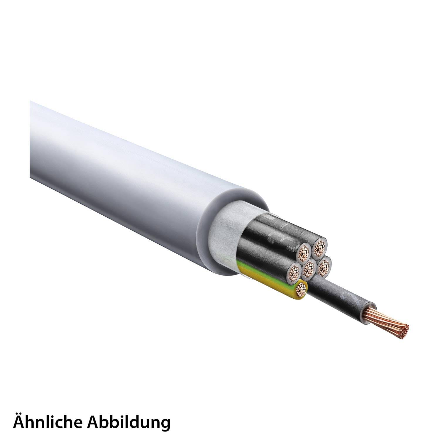 Ein Querschnitt eines Mehrkern-Elektrokabels mit freiliegenden Kupferleitungen, die verschiedene Isolationsschichten zeigt. Text: Ähnliche Abbildung.