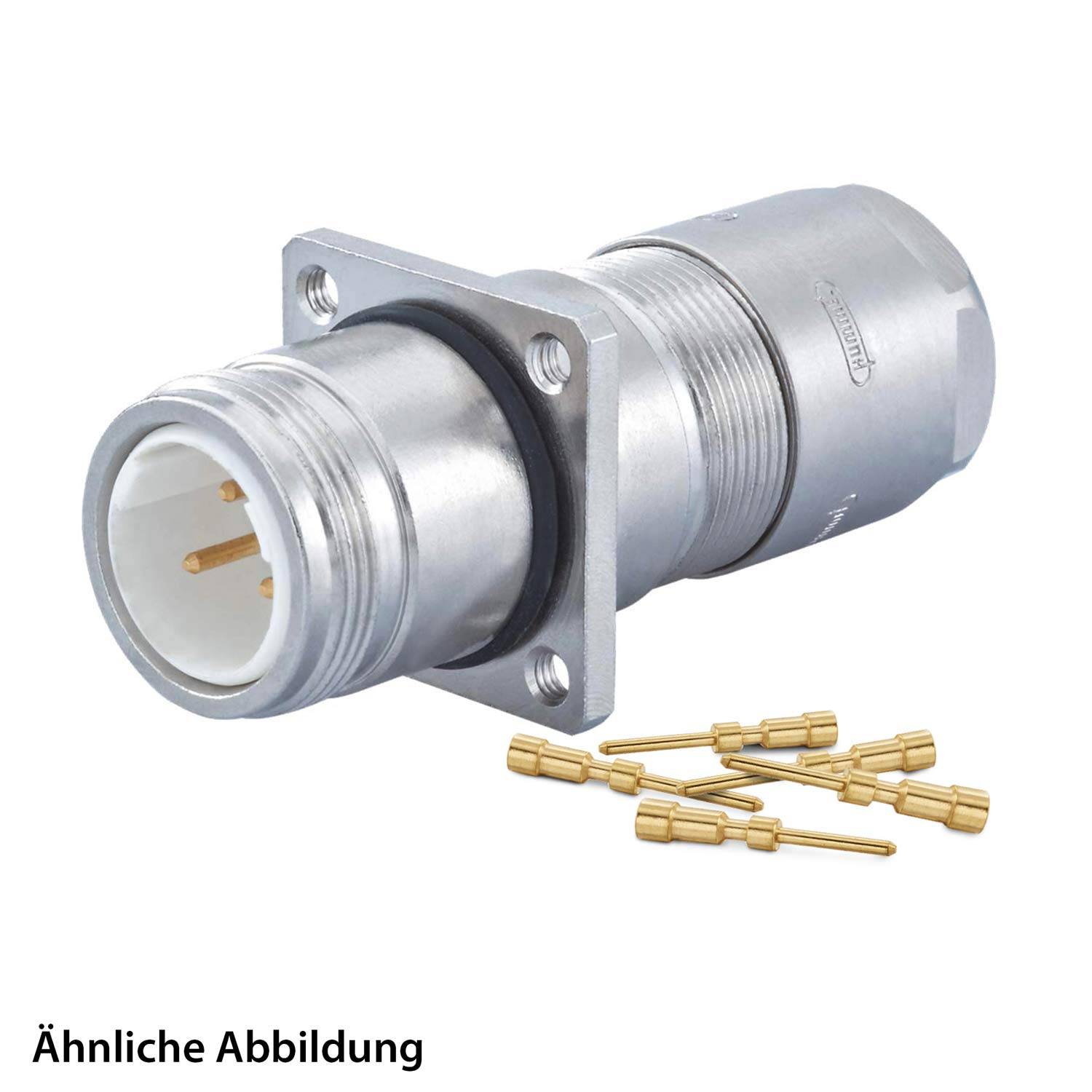 Ein zylindrischer Metall-Elektroverbinder mit quadratischem Befestigungsflansch, der eine zentrale Buchse und mehrere vergoldete Stifte aufweist.