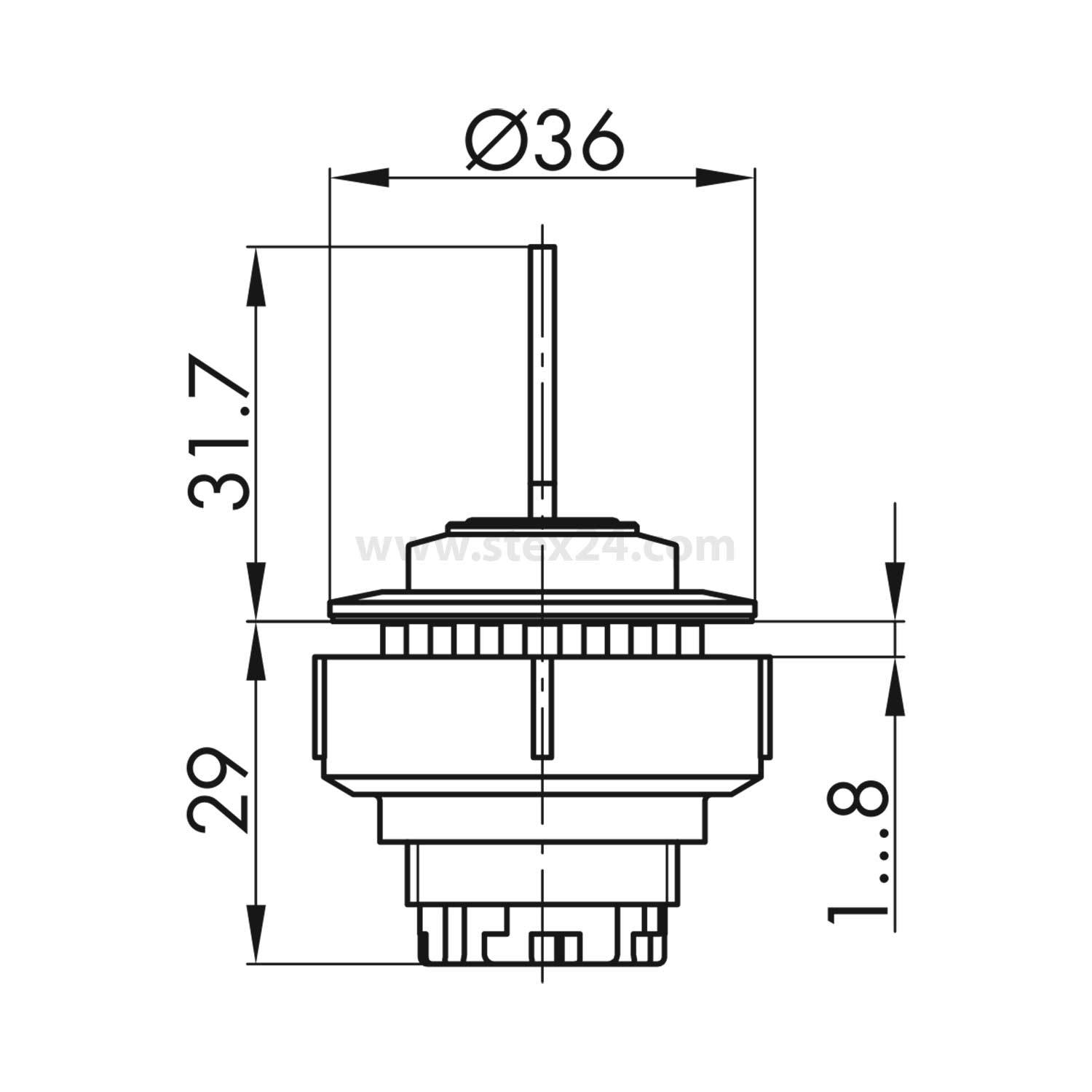 Technische Zeichnung einer kreisförmigen Komponente mit einem Außendurchmesser von Ø36 mm, einer Höhe von 31,7 mm und einem weiteren angegebenen Durchmesser von Ø34 mm.