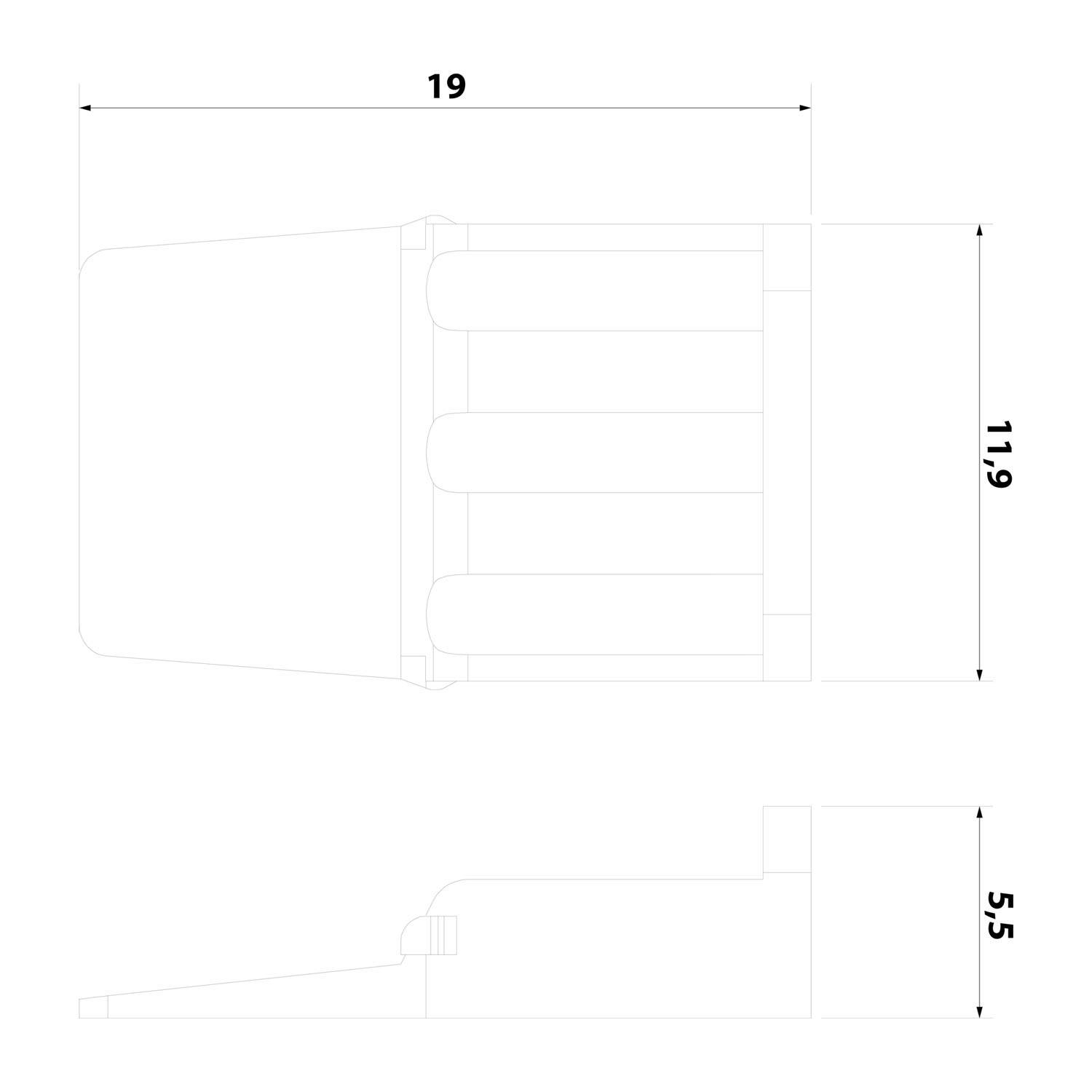 Technische Zeichnung mit Seiten- und Draufsicht eines Objekts, mit Maßangaben: 19 Einheiten Breite, 11,9 Einheiten Höhe und 5,5 Einheiten Tiefe.