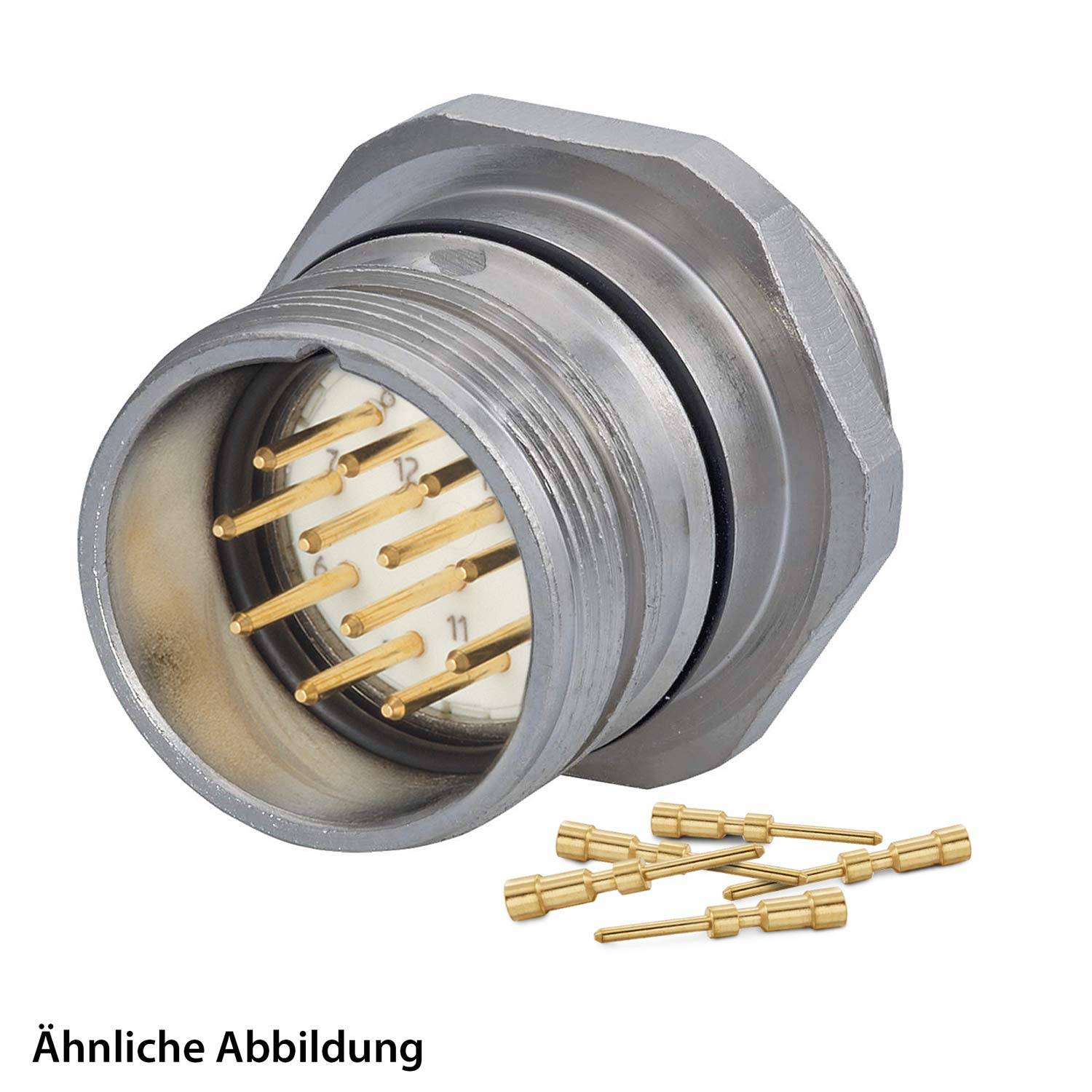 Ein zylindrischer Metallverbinder mit mehreren Stiftanschlüssen, verwendet für elektrische oder Datenkonnektivität. Lose Stifte werden in der Nähe dargestellt.