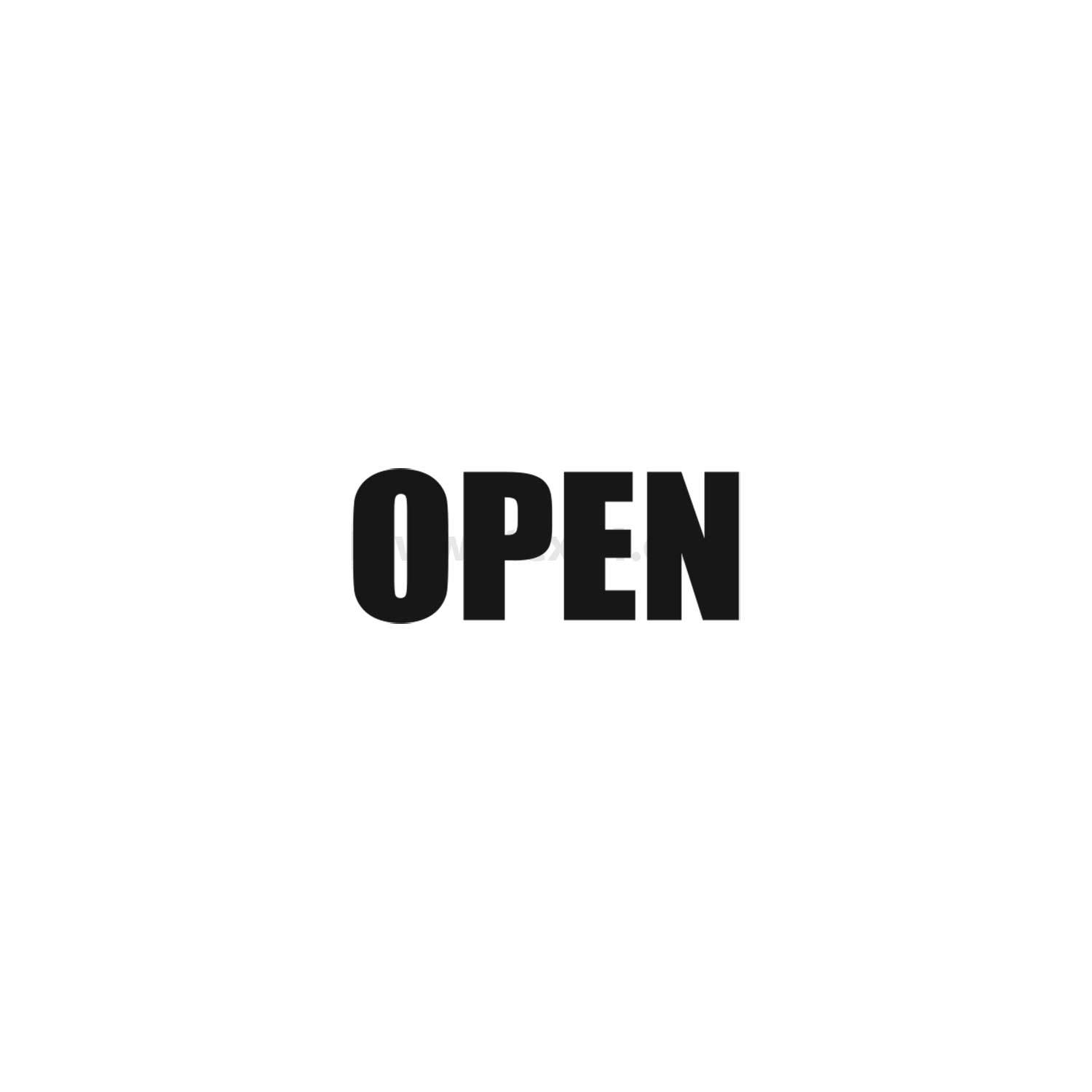 Das Bild zeigt das Wort 'OPEN' in fetten, schwarzen Buchstaben, zentriert vor einem schlichten weißen Hintergrund.