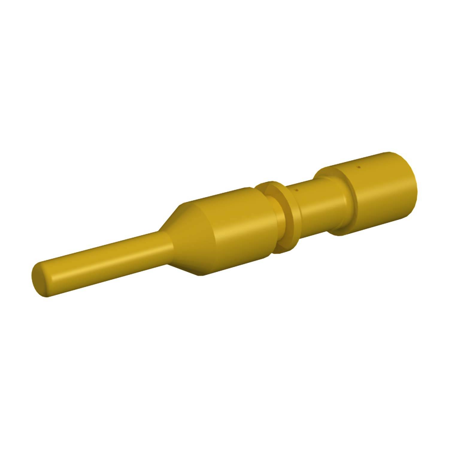 Ein gelber, 3D-gerenderter Verbindungsstecker mit einer zylindrischen Form, versehen mit einem konischen Ende und mehreren Segmenten.