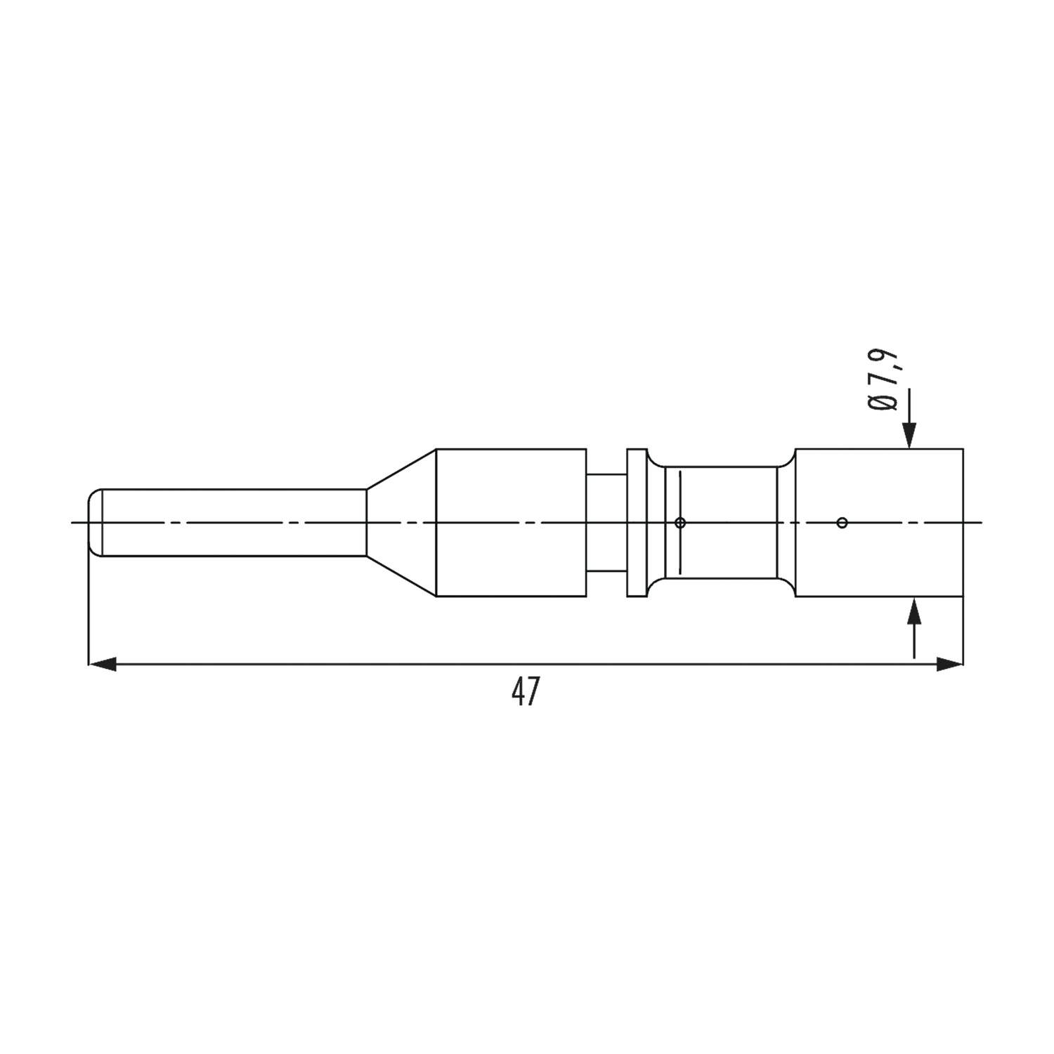 Technische Zeichnung eines zylindrischen Bauteils mit einer Länge von 47 Einheiten und einem Durchmesser von 7,9 Einheiten, mit variierenden Querschnittsbreiten.
